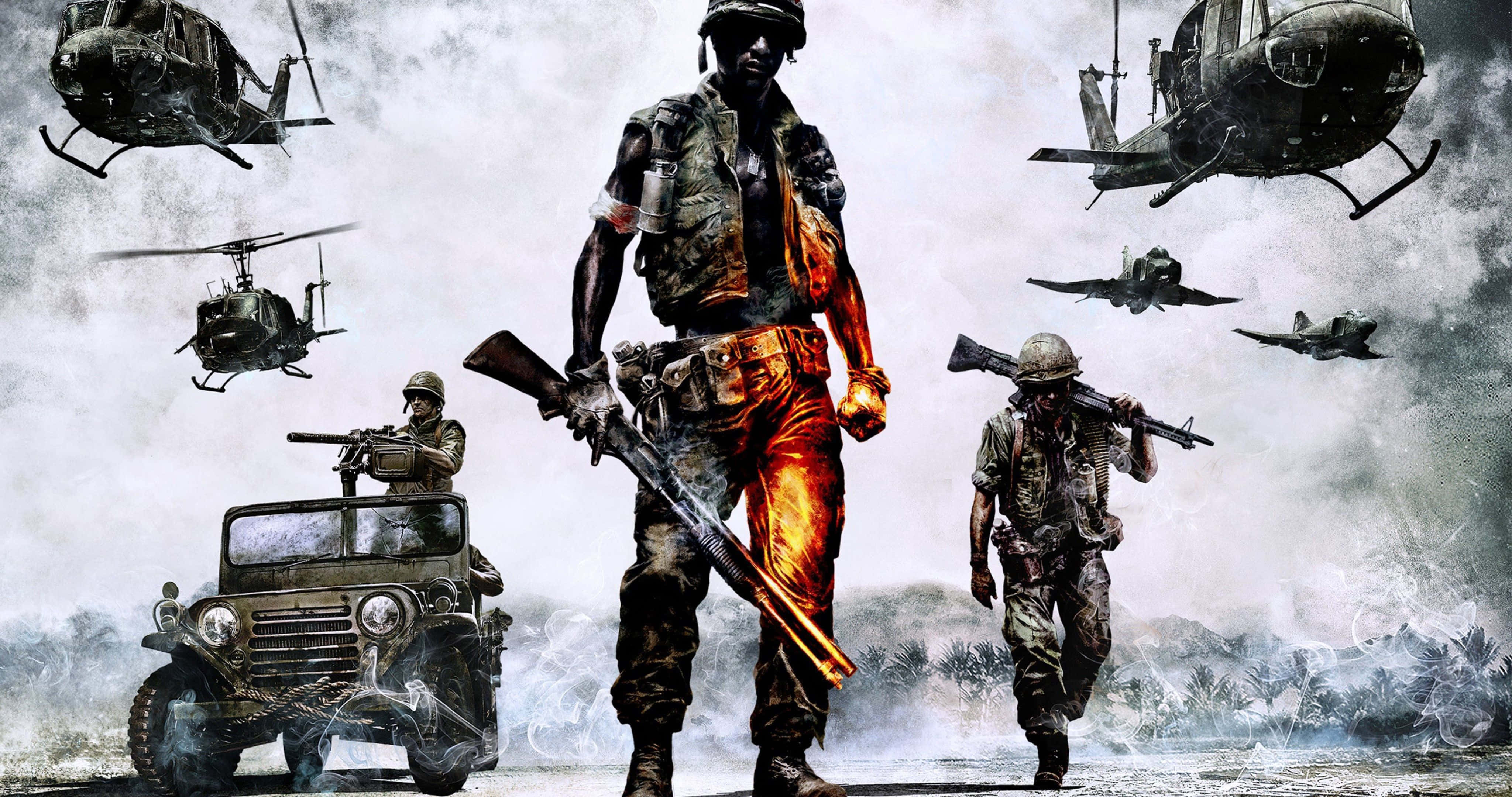 4K Military 桌布 壁紙 — 身穿戰鬥裝備的士兵站在直升機和軍車之間，身處煙霧瀰漫的戰區，帶有火熱的橙色點綴。
