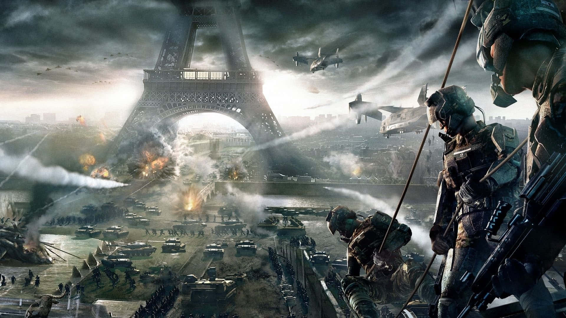 Call Of Duty Battles 桌布 壁紙 — 身穿戰鬥裝備的士兵站在飽受戰爭蹂躪的巴黎前，艾菲爾鐵塔被圍困，坦克和飛機在暴風雨的天空中戰鬥。