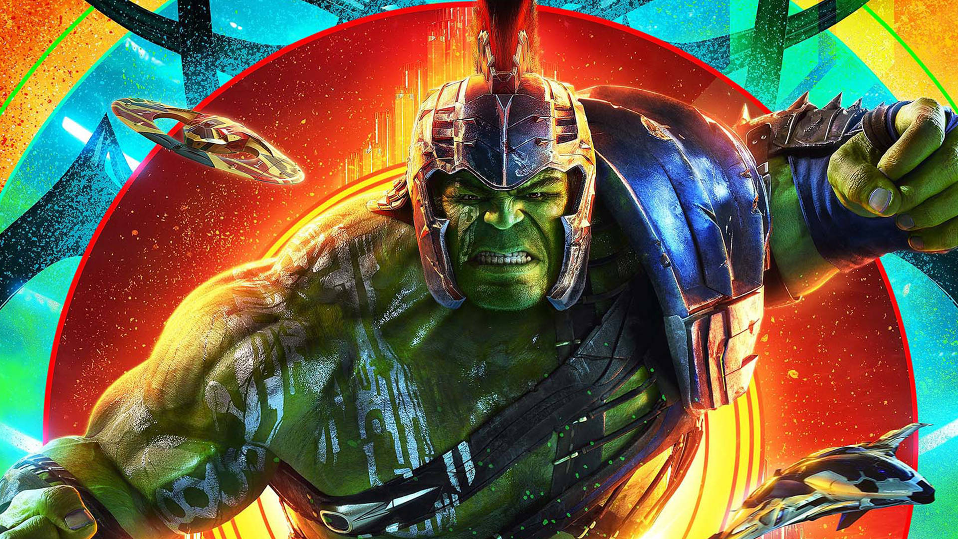 Mark Ruffalo 桌布 壁紙 — 身穿戰鬥裝甲的浩克在充滿活力的宇宙背景下向前咆哮，背景中有飛行的船隻和光芒四射的能量環。