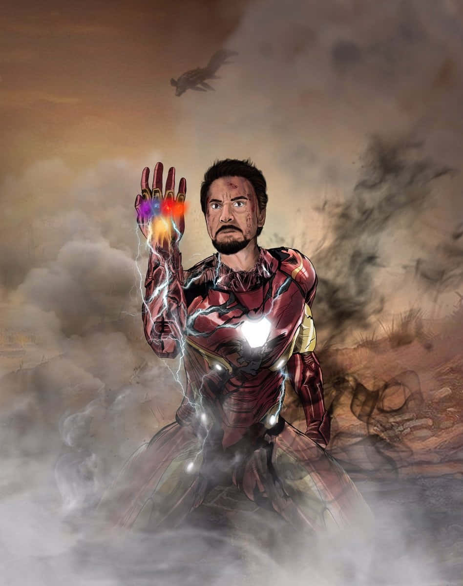 Iron Man Fan Art 桌布 壁紙 — 身穿戰鬥裝甲的鋼鐵人在煙霧瀰漫的戰場上，舉起發光的護手，遠方有一架噴射機飛過。