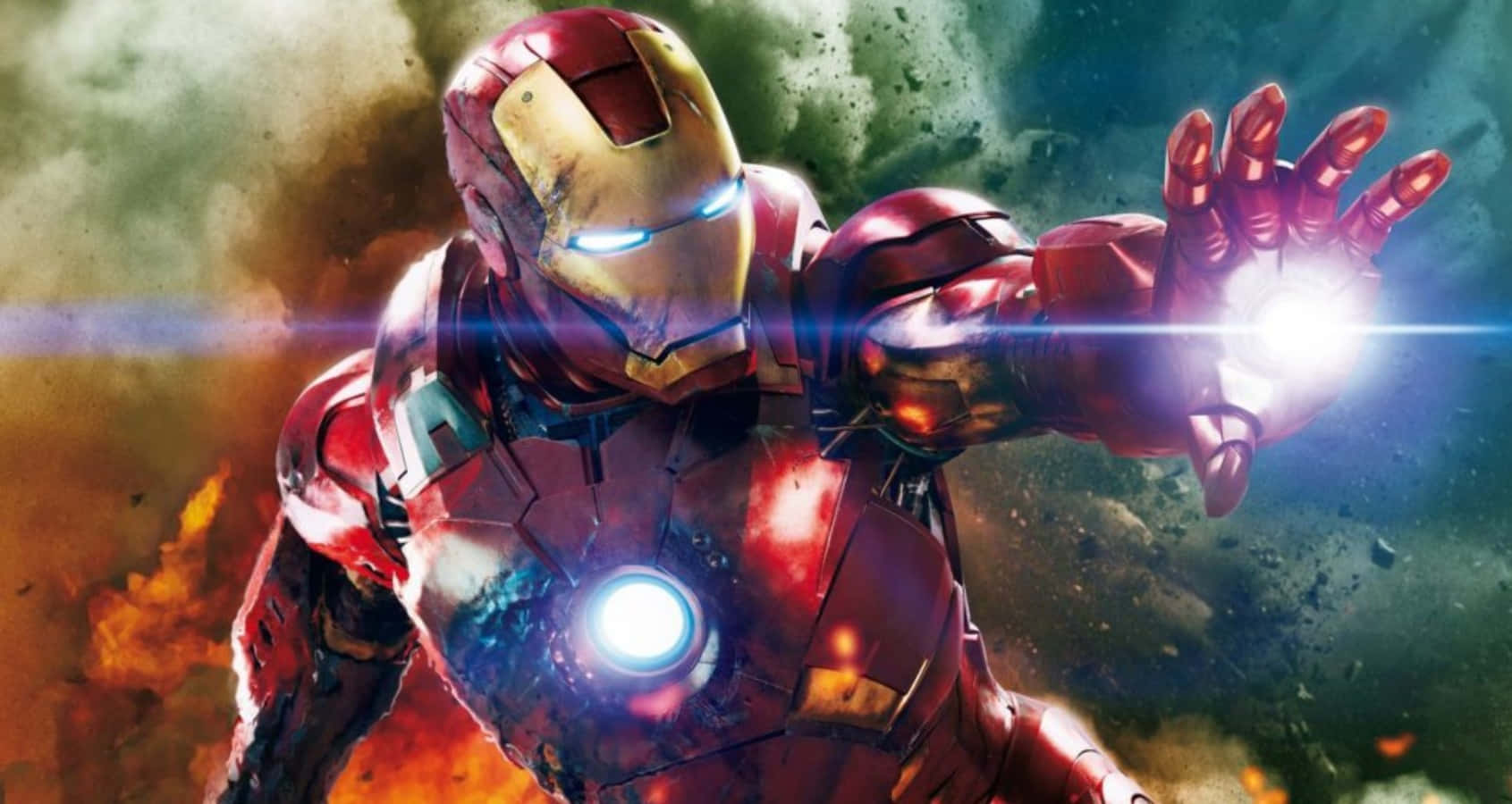 Vibranium Suit 桌布 壁紙 — 身穿戰鬥裝甲的鋼鐵人在熾熱爆炸和碎片中發射斥力炮。
