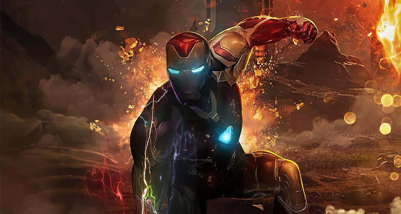 1366x768 Iron Man 桌布 壁紙 — 身穿戰鬥裝甲的鋼鐵人在熾熱爆炸和發光能量效果中擺出動感姿態。