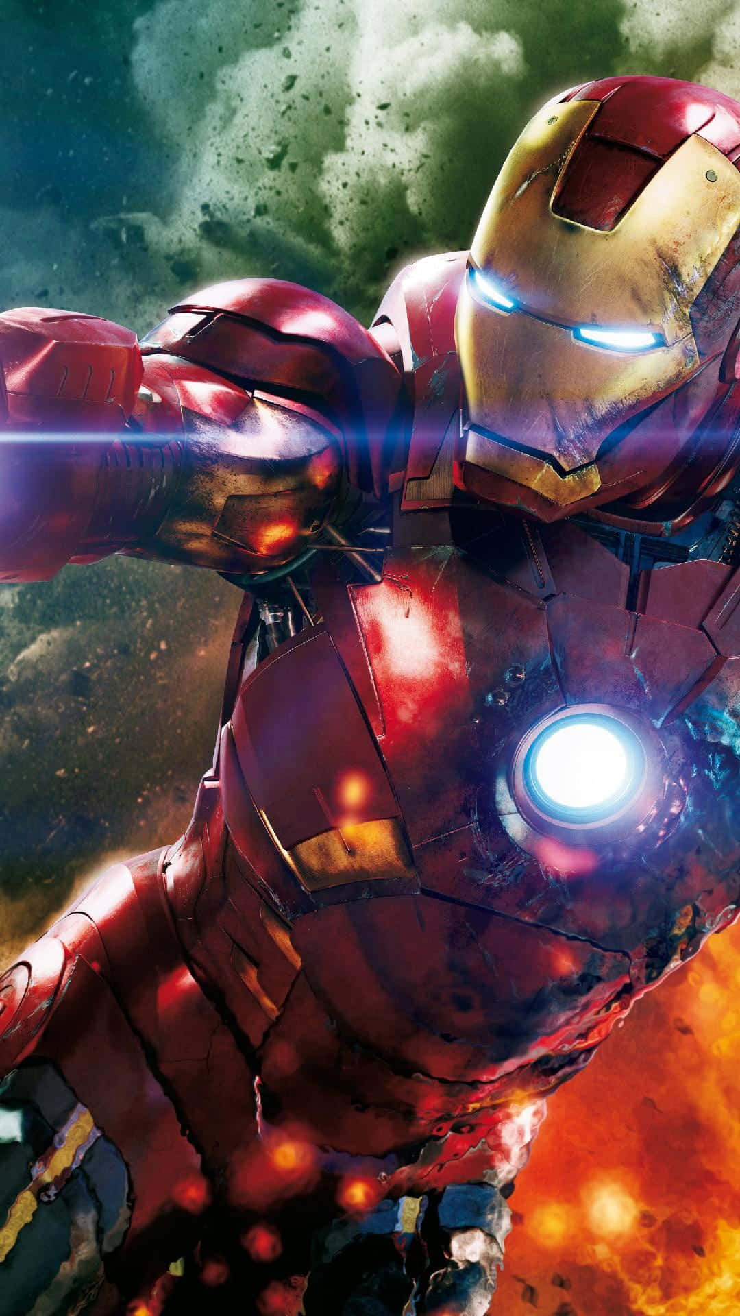 Android Iron Man 桌布 壁紙 — 身穿戰鬥裝甲的鋼鐵人在熾熱爆炸背景下發射斥力光束。