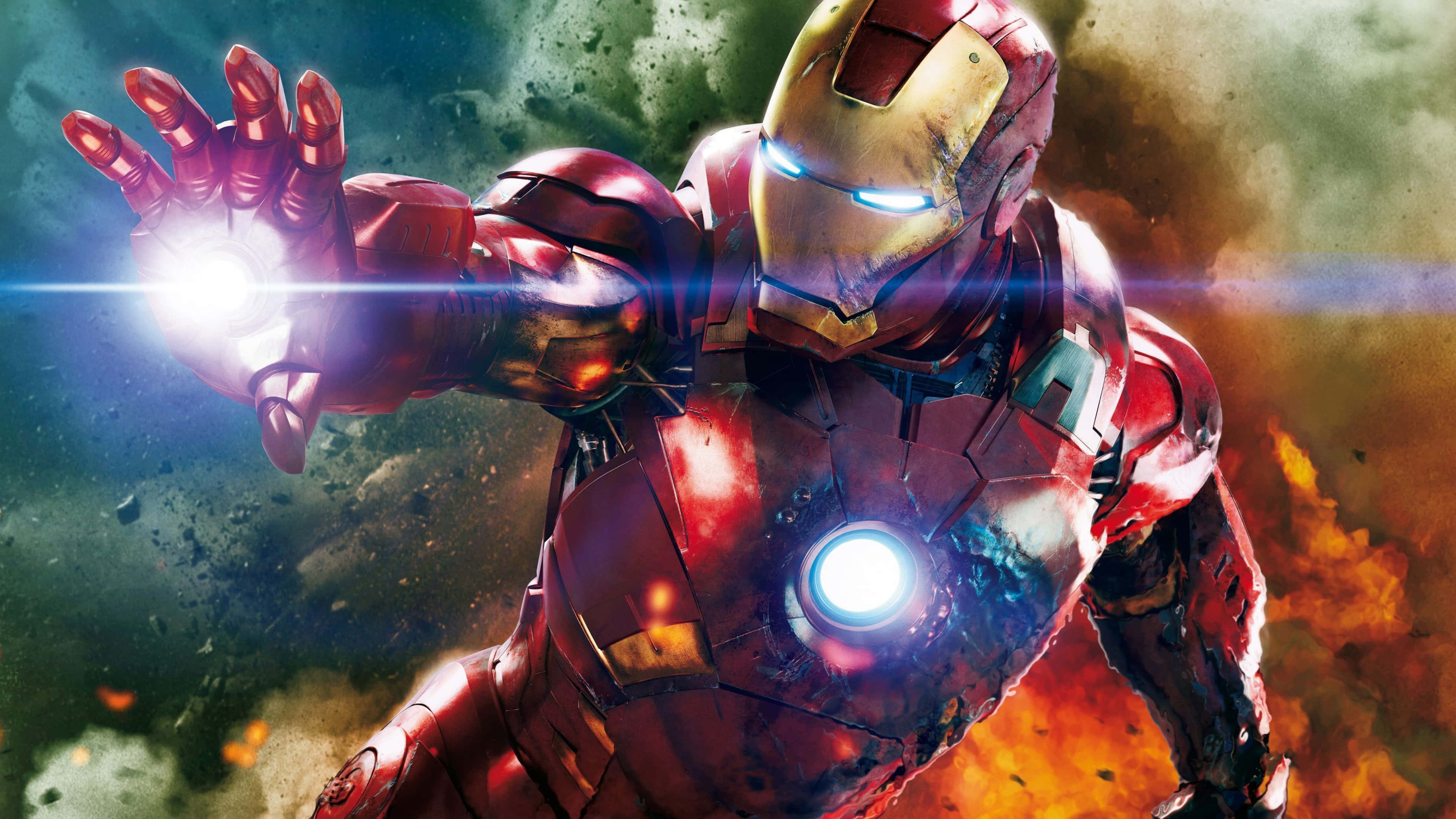 4K Marvel 壁紙 桌布 壁紙 — 身穿戰鬥裝甲的鋼鐵人在熾熱的宇宙背景下發射發光的斥力炮。