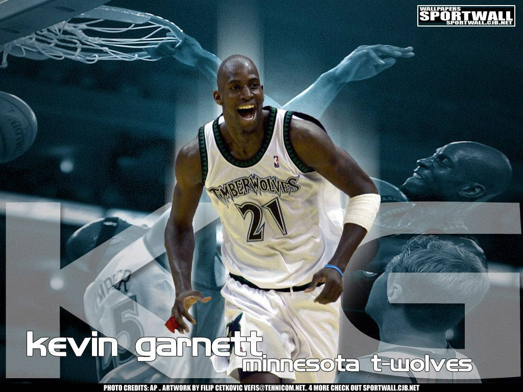 Kevin Garnett 桌布 壁紙 — 身穿明尼蘇達灰狼隊球衣的凱文·賈奈特，在籃球影像環繞下，以咆哮般的呼喊慶祝。