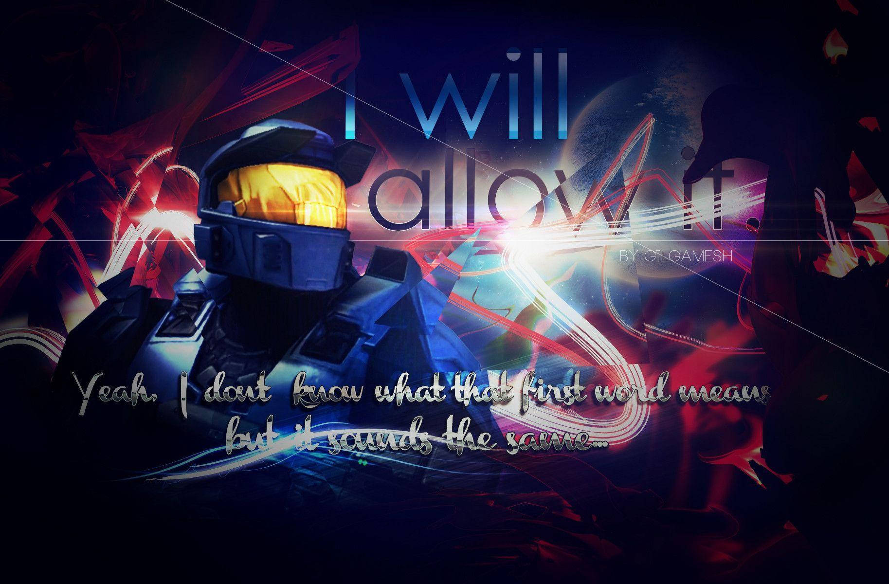 Red Vs Blue 桌布 壁紙 — 身穿暗色盔甲、配備發光黃色面罩的Halo Master Chief，站在帶有霓虹條紋和粗體文字的宇宙背景前。