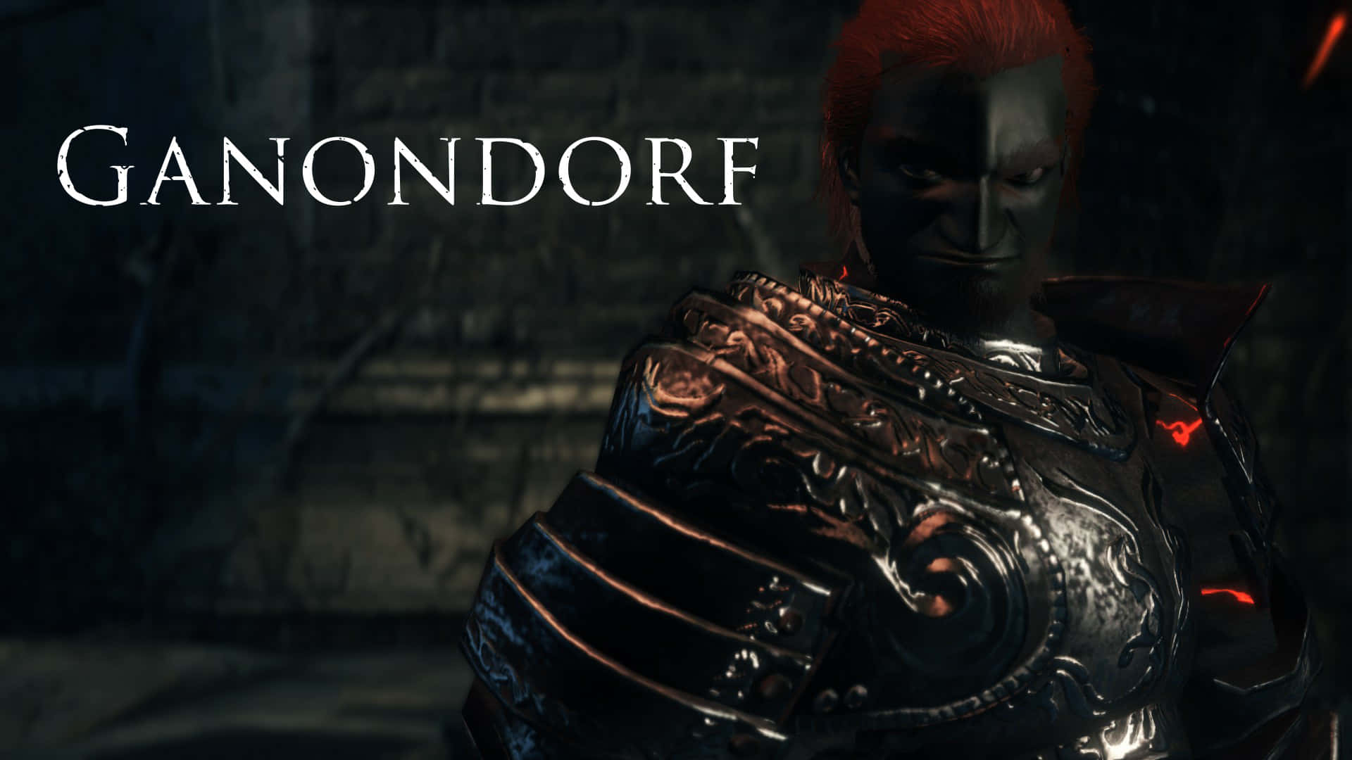 Ganondorf 桌布 壁紙 — 身穿暗色盔甲的加儂多夫，雙眼和頭髮發出紅光，威風凜凜地站在石造地牢中。