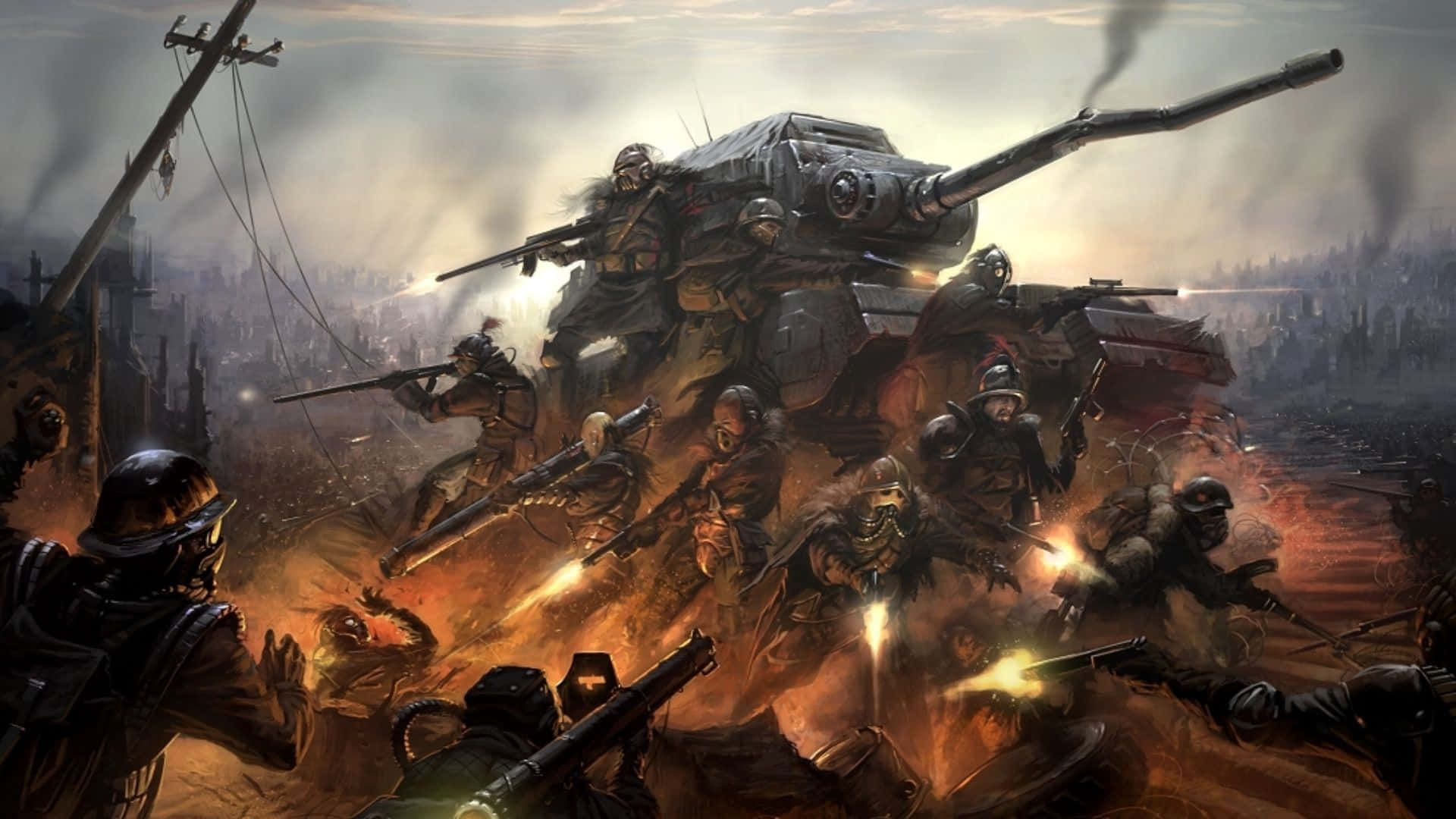 Epic Battle 桌布 壁紙 — 身穿暗色盔甲的士兵在爆炸和煙霧中，與一輛巨大的坦克一起衝擊一座廢墟城市。