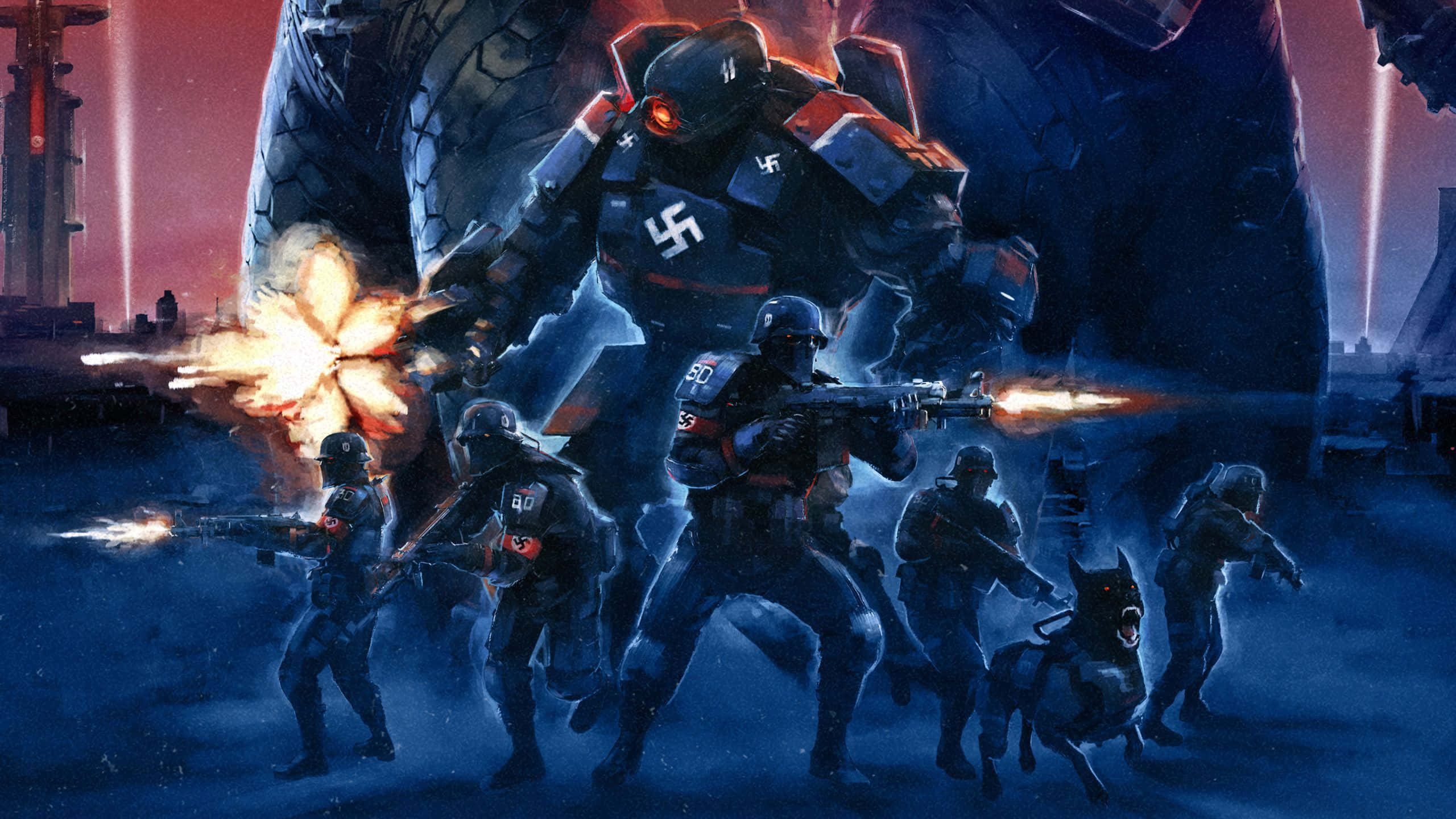 Wolfenstein Ii 桌布 壁紙 — 身穿暗色盔甲的士兵在紅色天空下的反烏托邦城市中向巨型機械怪物開火。