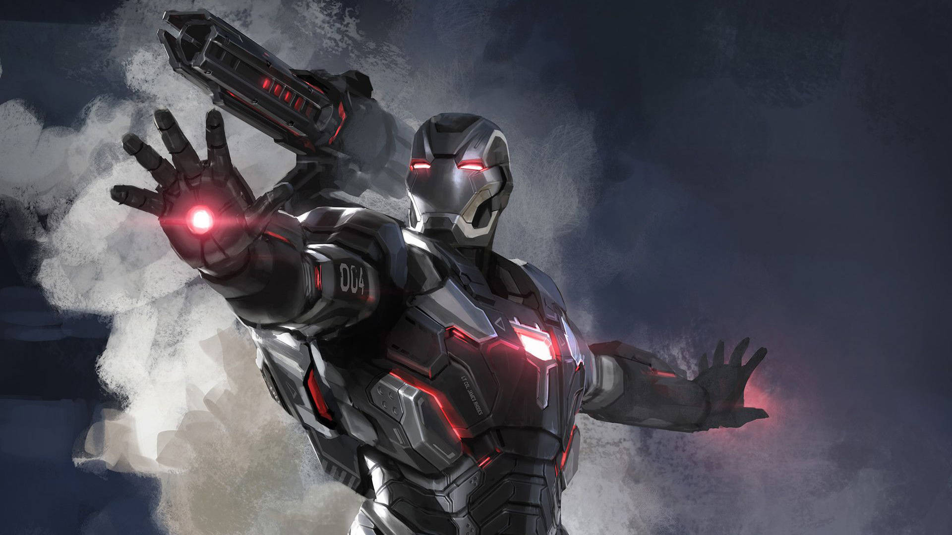 avengers infinity war 4K 桌布 壁紙 — 身穿暗色盔甲的鋼鐵人在風暴背景中，於旋轉煙霧中發射斥力炮。