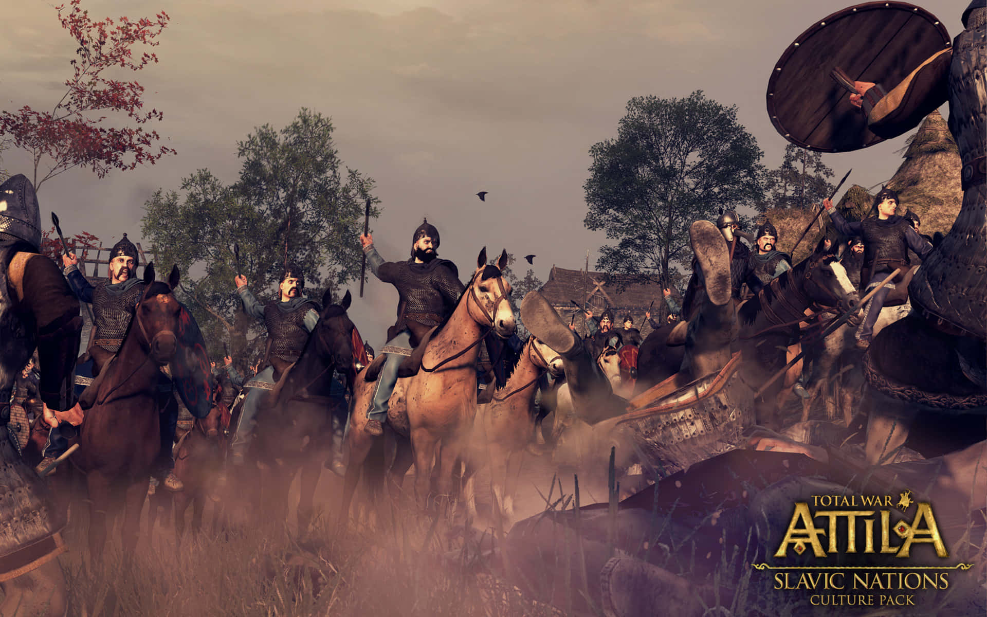 Best Total War Attila 桌布 壁紙 — 身穿暗色鎧甲的騎兵在煙霧和秋樹中展開混亂的中世紀戰鬥。