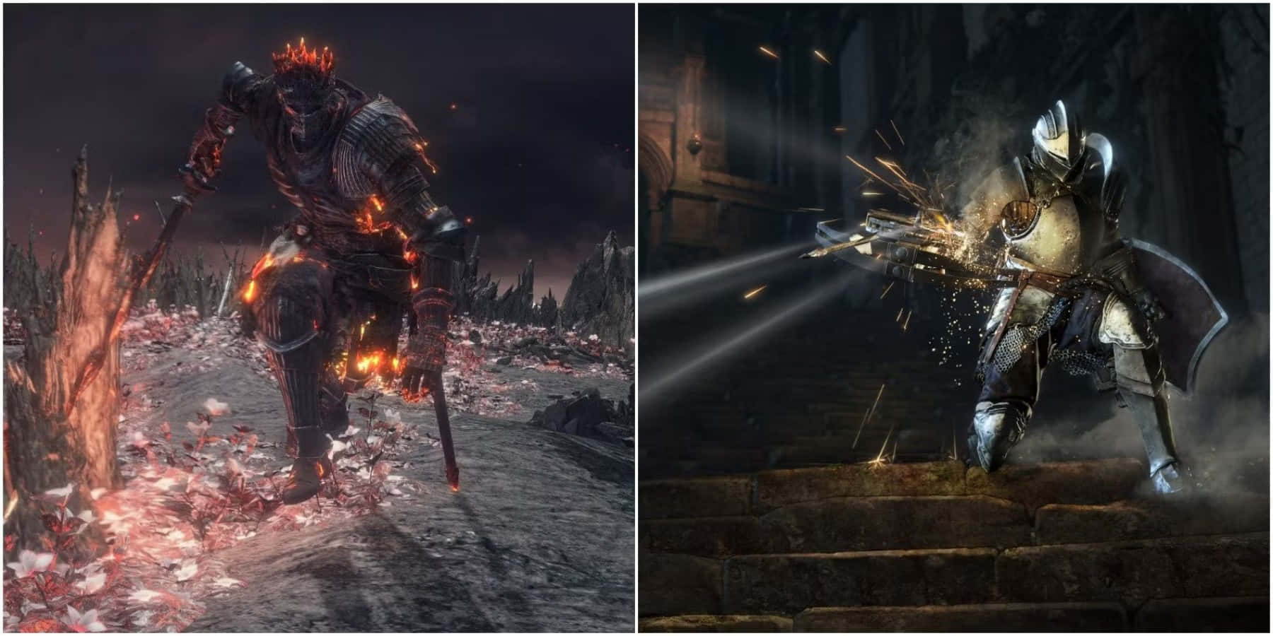 Dark Souls Bosses 桌布 壁紙 — 身穿暗色鎧甲的騎士在發光的紅色花瓣和 crumbling 石頭廢墟中與火焰惡魔交戰。