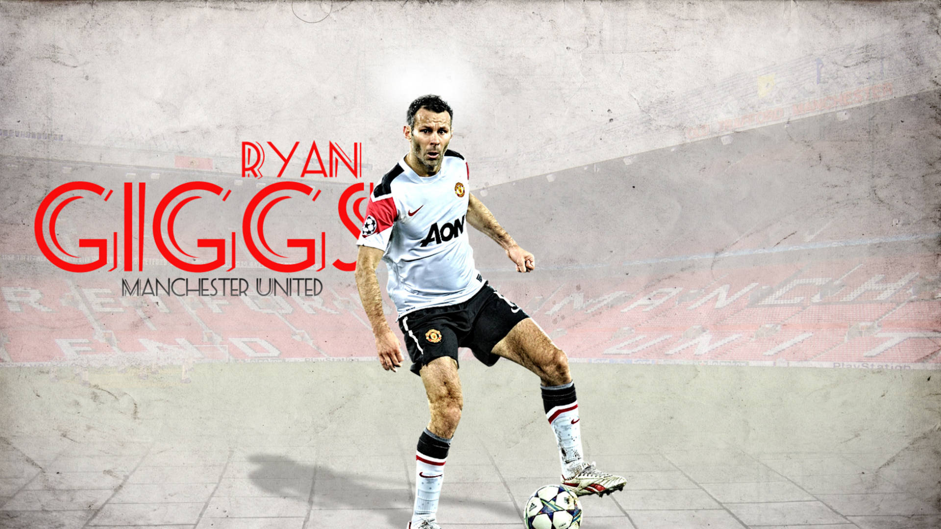 Ryan Giggs 桌布 壁紙 — 身穿曼聯球衣的萊恩·吉格斯在紋理球場背景下盤球，配以粗體紅色字體。
