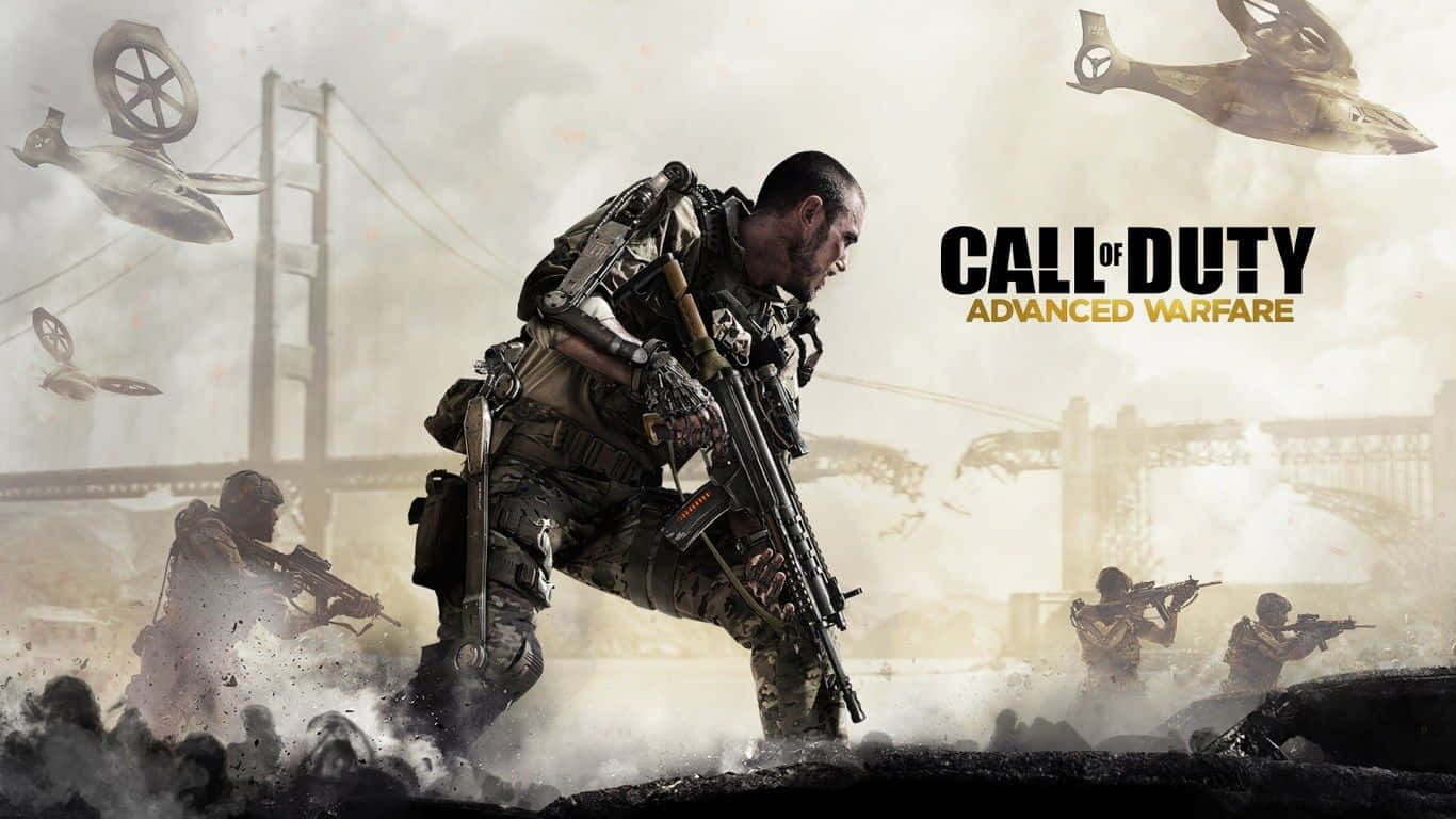 Call Of Duty Soldiers 桌布 壁紙 — 身穿未來裝備的士兵在煙霧中前進，背景有飛行的無人機和一座橋樑。
