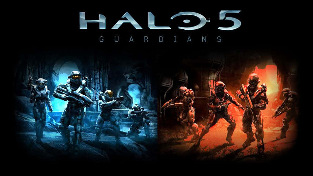 Halo 5 Blue Team 桌布 壁紙 — 身穿未來裝甲的士兵在Halo 5 Guardians標題下的藍色和橙色戰區分割場景中準備就緒。