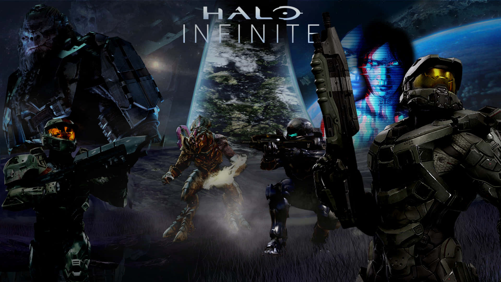 Halo Infinite 桌布 壁紙 — 身穿未來裝甲的士兵在一個外星行星上準備就緒，背景中有一顆發光的藍色行星。