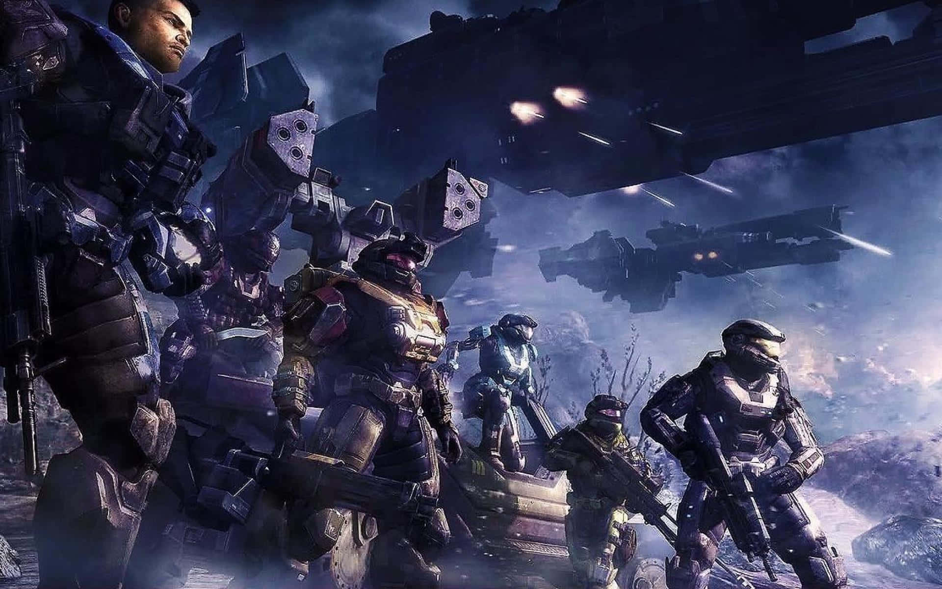 Halo 5 Blue Team 桌布 壁紙 — 身穿未來裝甲的士兵在岩石戰場上準備就緒，巨大的戰艦在上方發射雷射，構成戲劇性的科幻場景。