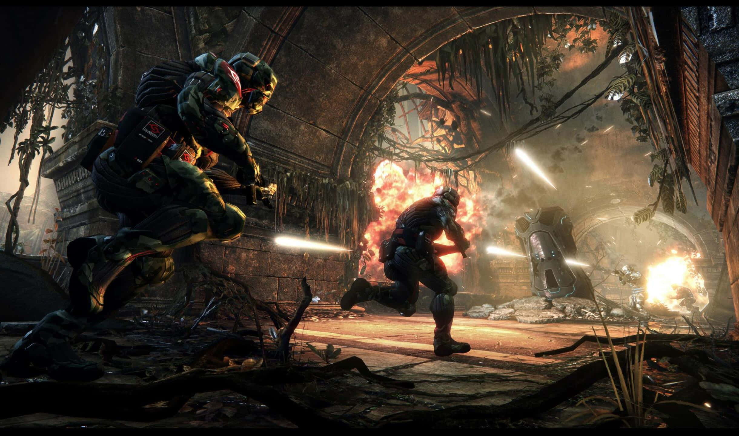 2440x1440 Crysis 3 桌布 壁紙 — 身穿未來裝甲的士兵在廢棄、雜草叢生的城市廢墟中，於熾熱的爆炸中戰鬥。