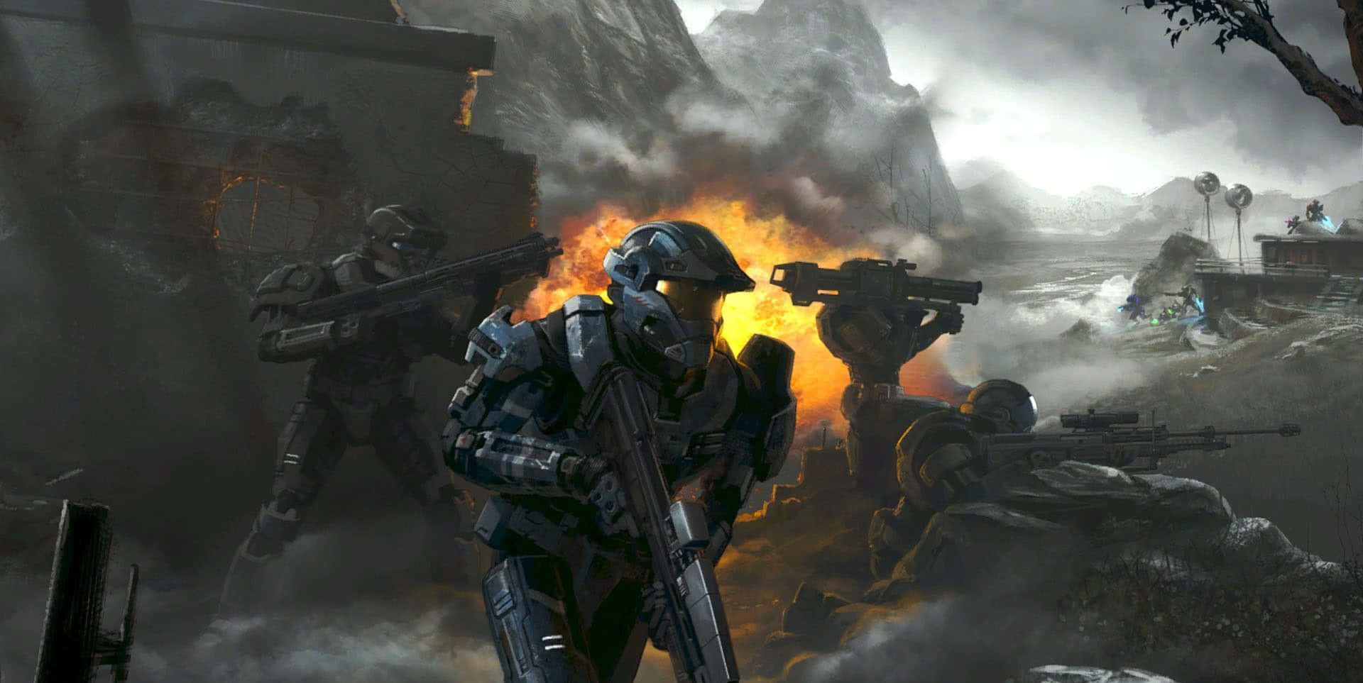 Halo Battle 桌布 壁紙 — 身穿未來裝甲的士兵在戰火摧殘的岩石地形中，於熾熱爆炸和煙霧中戰鬥。