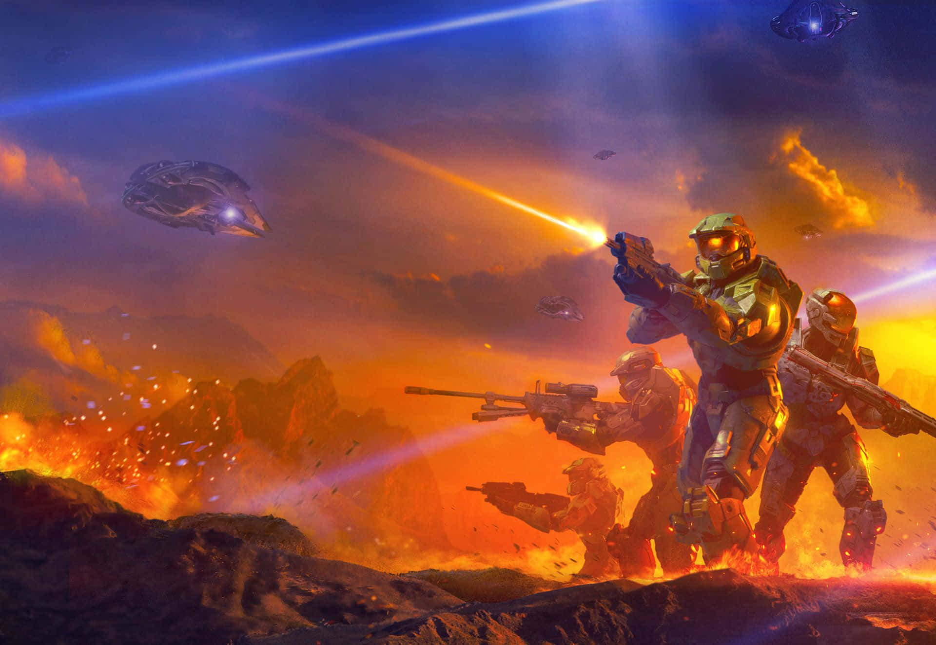 Halo Battle 桌布 壁紙 — 身穿未來裝甲的士兵在戲劇性的日落天空下，於熾熱的爆炸和飛船中開火。