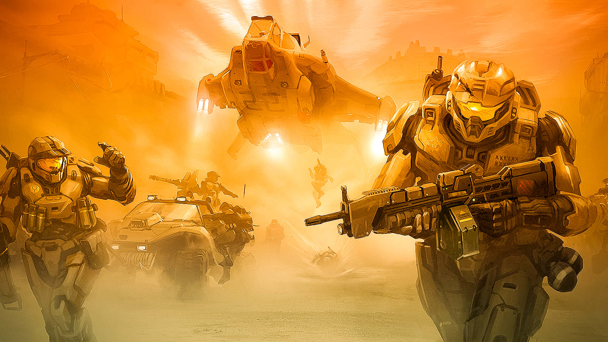 Halo Spartans 桌布 壁紙 — 身穿未來裝甲的士兵在橙色天空下，穿越塵土飛揚的戰場前進，一架懸浮機甲在頭頂威脅著。