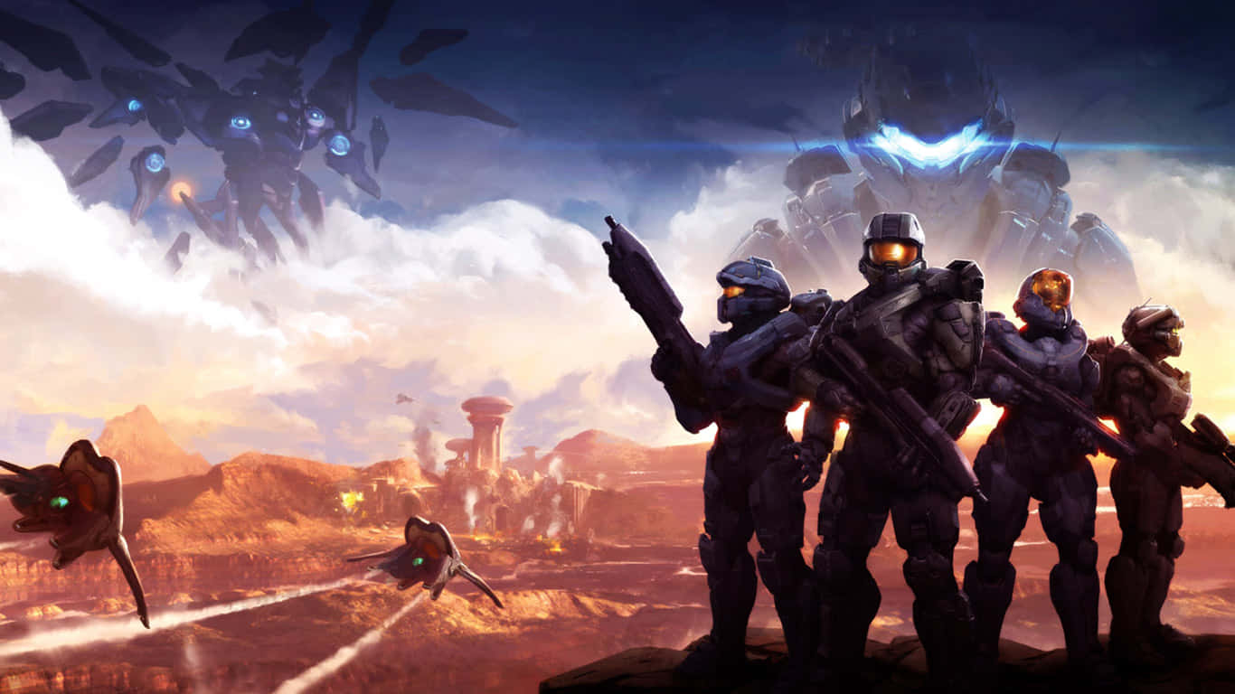 Halo 5 Blue Team 桌布 壁紙 — 身穿未來裝甲的士兵在沙漠星球上準備就緒，巨大的外星飛船在廢墟城市上空若隱若現。