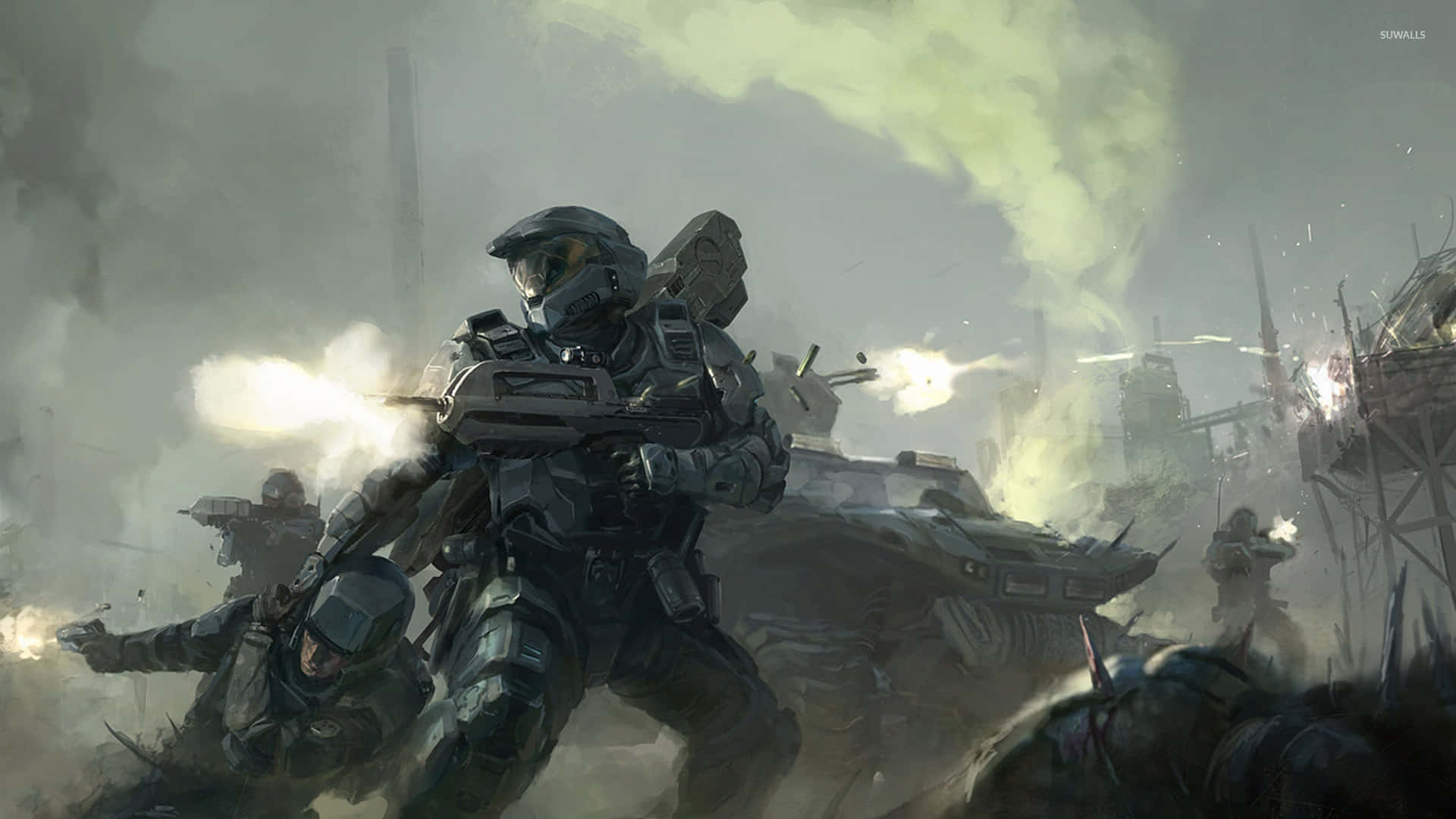 Master Chief 桌布 壁紙 — 身穿未來裝甲的士兵在煙霧和爆炸中，於被戰爭摧毀的城市戰場上開火。