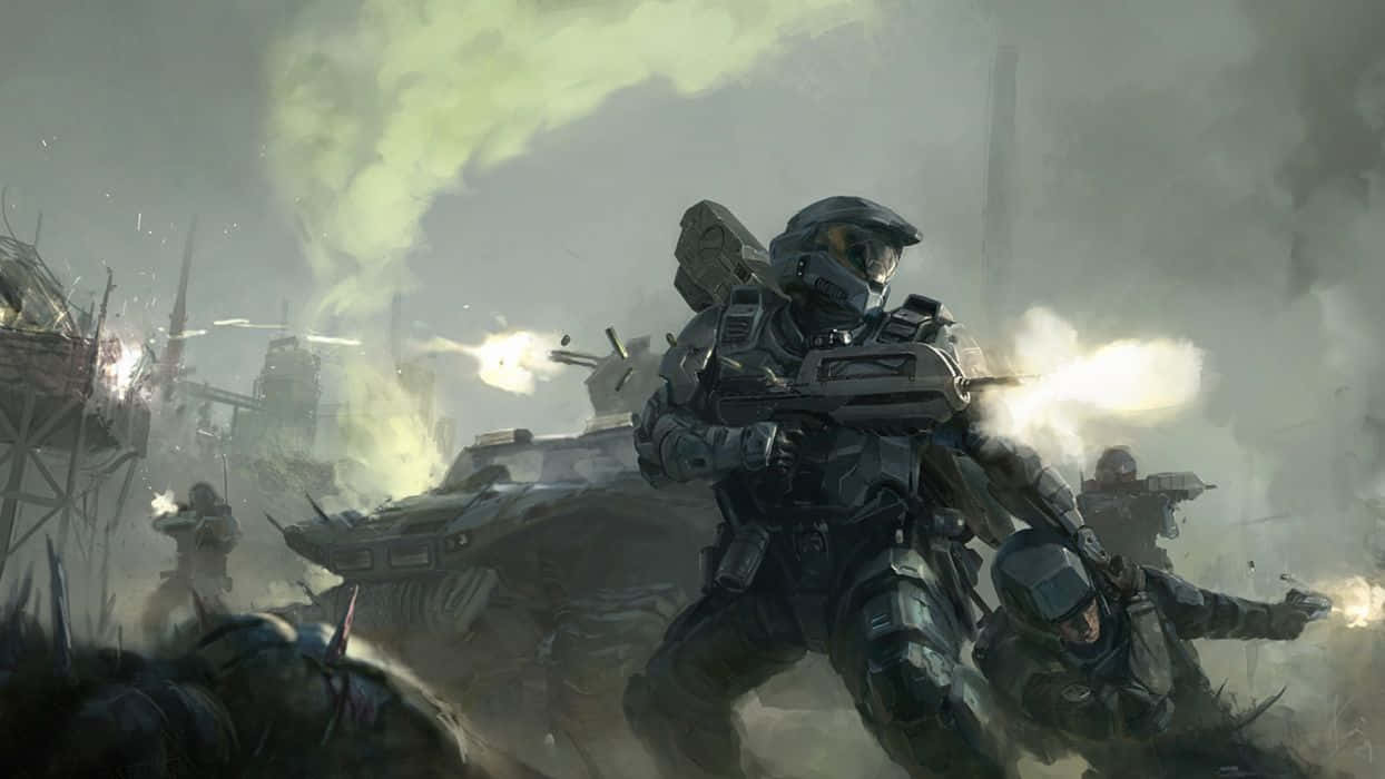 Halo Battle 桌布 壁紙 — 身穿未來裝甲的士兵在煙霧和爆炸中，於飽受戰爭摧殘的城市戰場上開火。