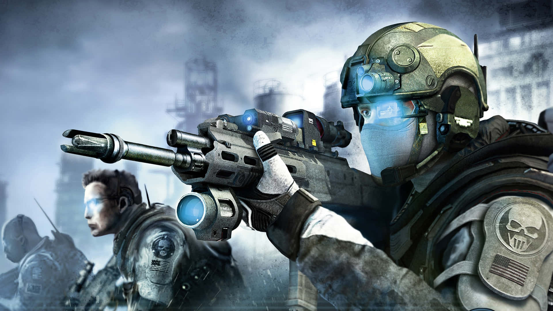 2 Player Games 桌布 壁紙 — 身穿未來裝甲的士兵在煙霧瀰漫的城市戰場上瞄準武器，配備發光的藍色光學裝置。