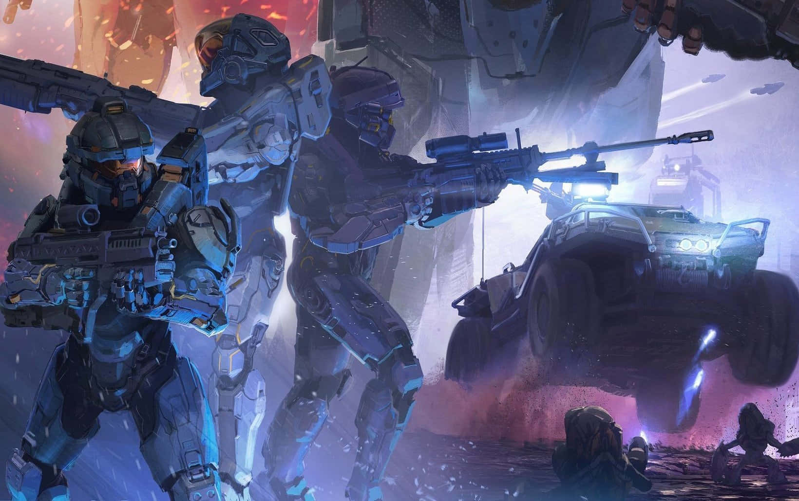 Halo 5 Blue Team 桌布 壁紙 — 身穿未來裝甲的士兵在熾熱爆炸和懸浮車輛中戰鬥的科幻戰區。