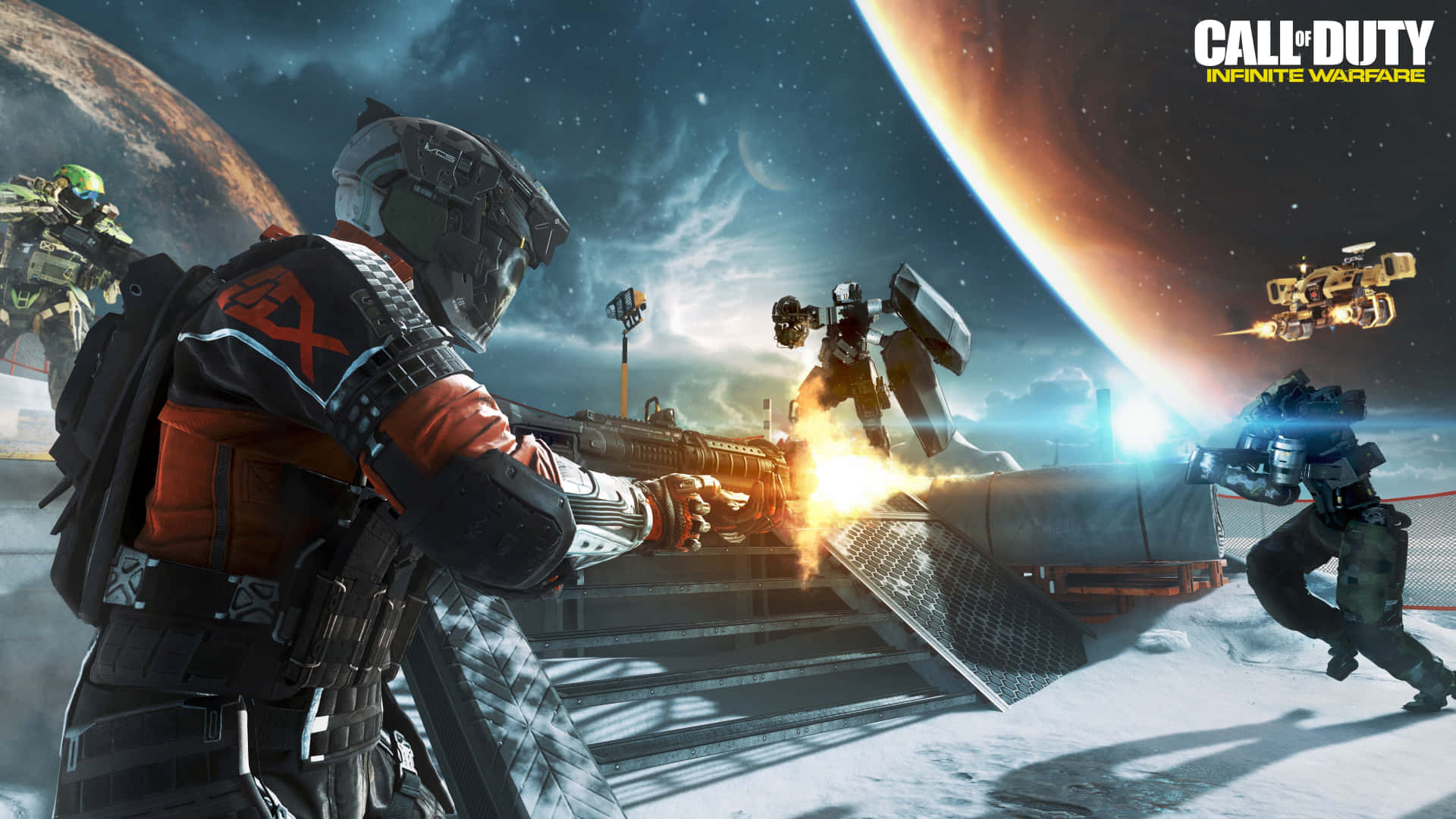 Call Of Duty Ps4 桌布 壁紙 — 身穿未來裝甲的士兵在雪地外星行星上戰鬥，使用發光武器，太空船在巨大行星附近飛行。