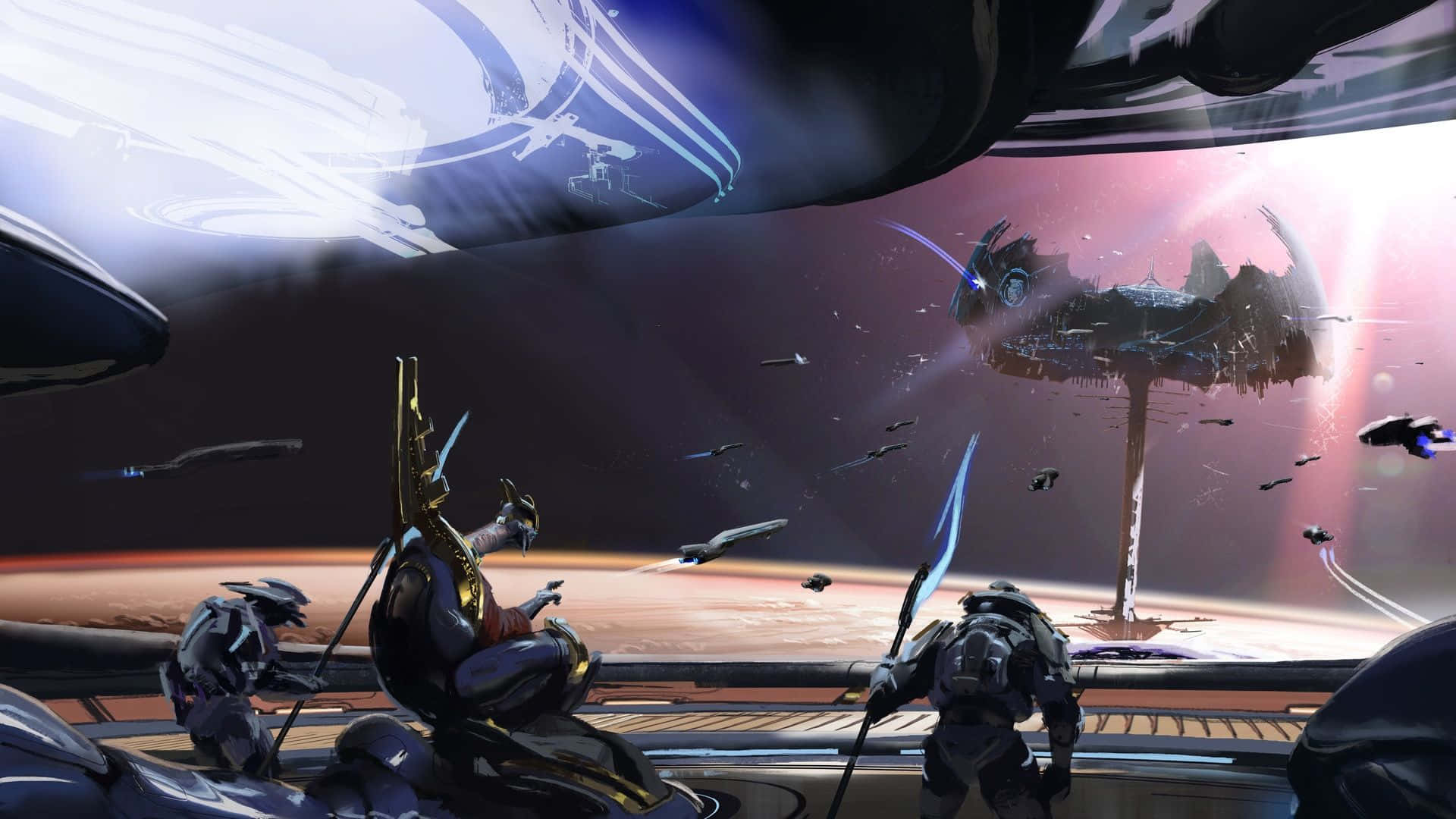 Sangheili 桌布 壁紙 — 身穿未來裝甲的士兵站在太空船甲板上，觀看一艘巨大的外星飛船在紅色行星上空下降。