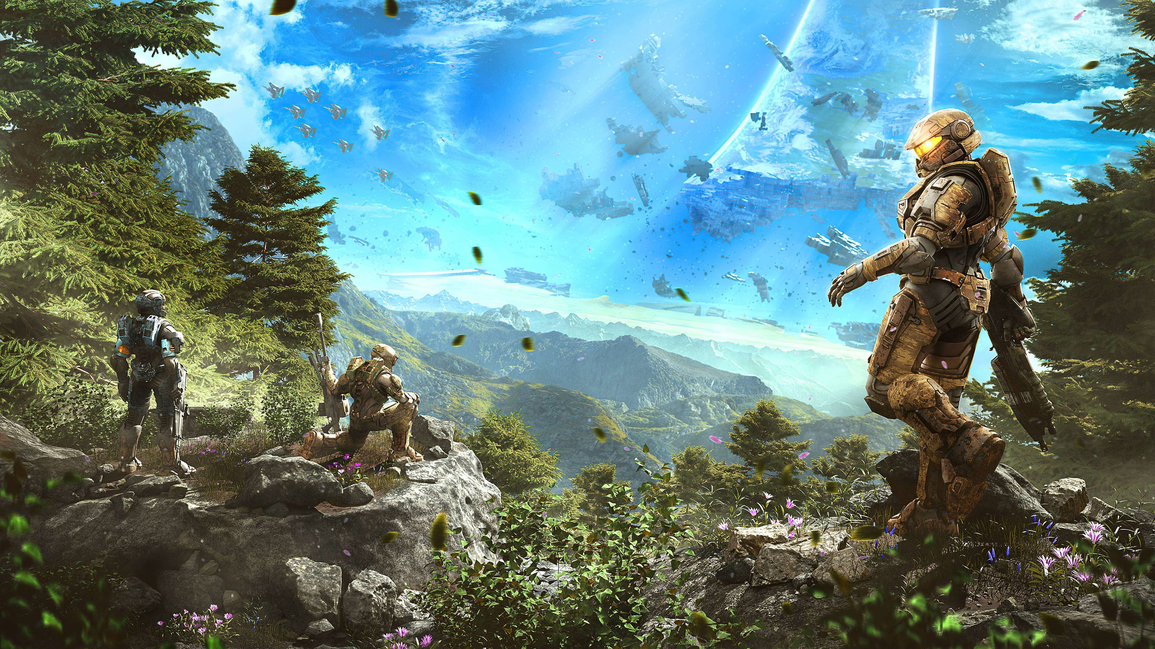 4K halo 桌布 壁紙 — 身穿未來裝甲的士兵站在岩石山坡上，俯瞰著一個有浮動城市和太空船的山谷，天空湛藍明亮。