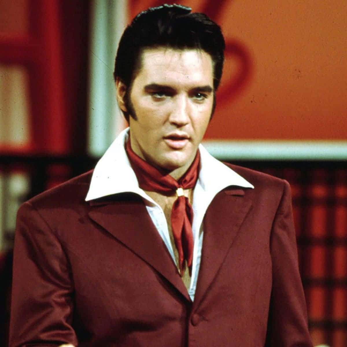 Elvis 桌布 壁紙 — 身穿栗色西裝、紅色圍巾和白色領口的貓王，在溫暖的橙色背景下顯得強烈。