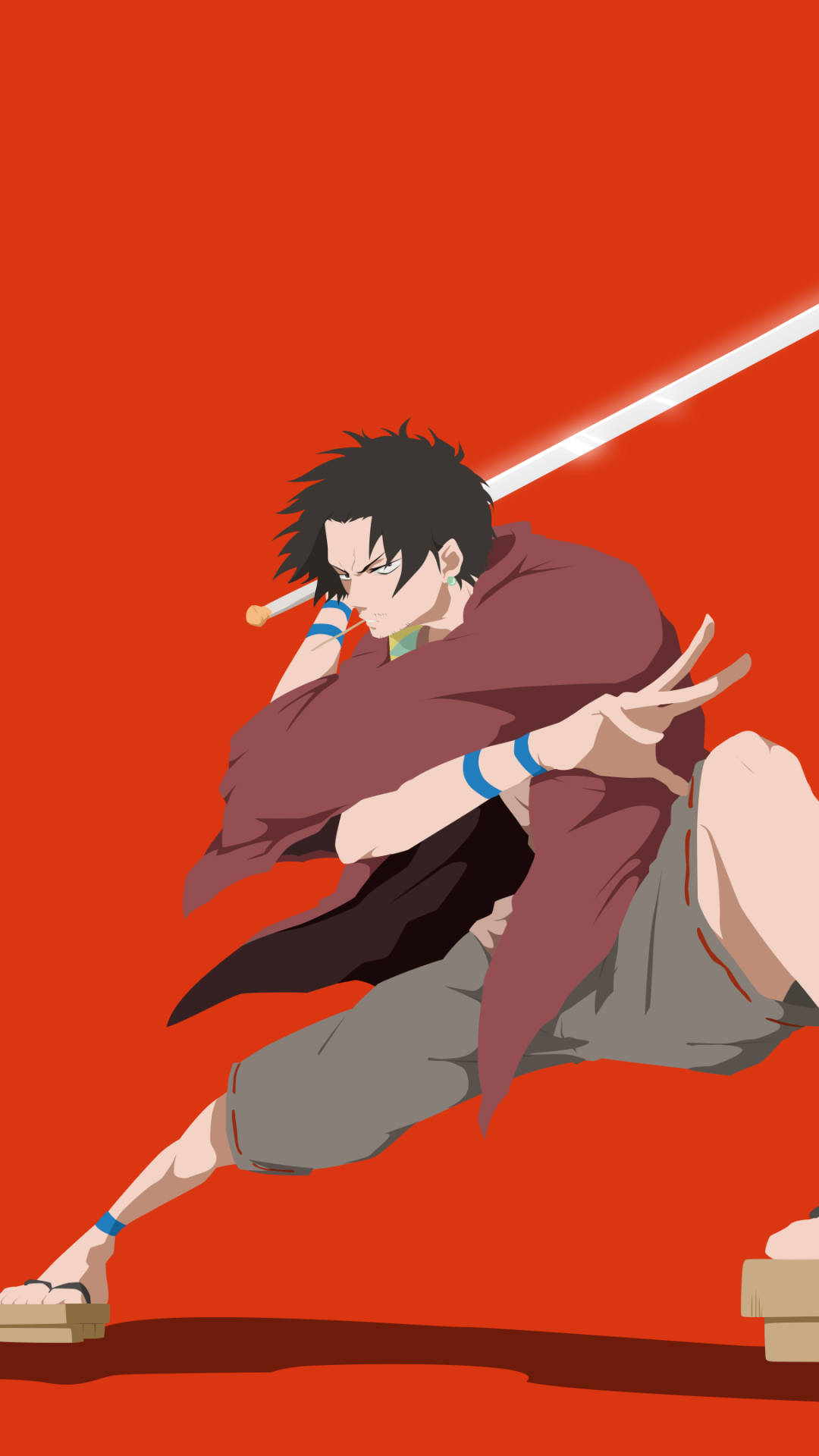 Anime Samurai 桌布 壁紙 — 身穿栗色長袍的動漫戰士在火紅背景下揮舞發光的劍。