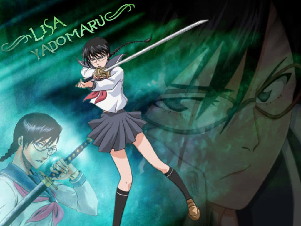 Lisa Yadomaru 桌布 壁紙 — 身穿校服的動漫女孩在神秘的藍綠色光環中揮劍對抗綠色眼睛的幽靈人物。