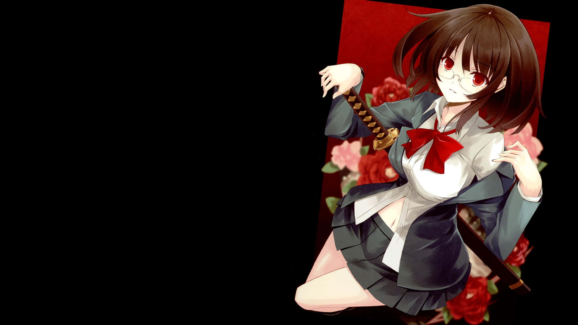 Anri Sonohara 桌布 壁紙 — 身穿校服的動漫女孩手持武士刀，背景為紅色花卉，眼睛發出紅光。