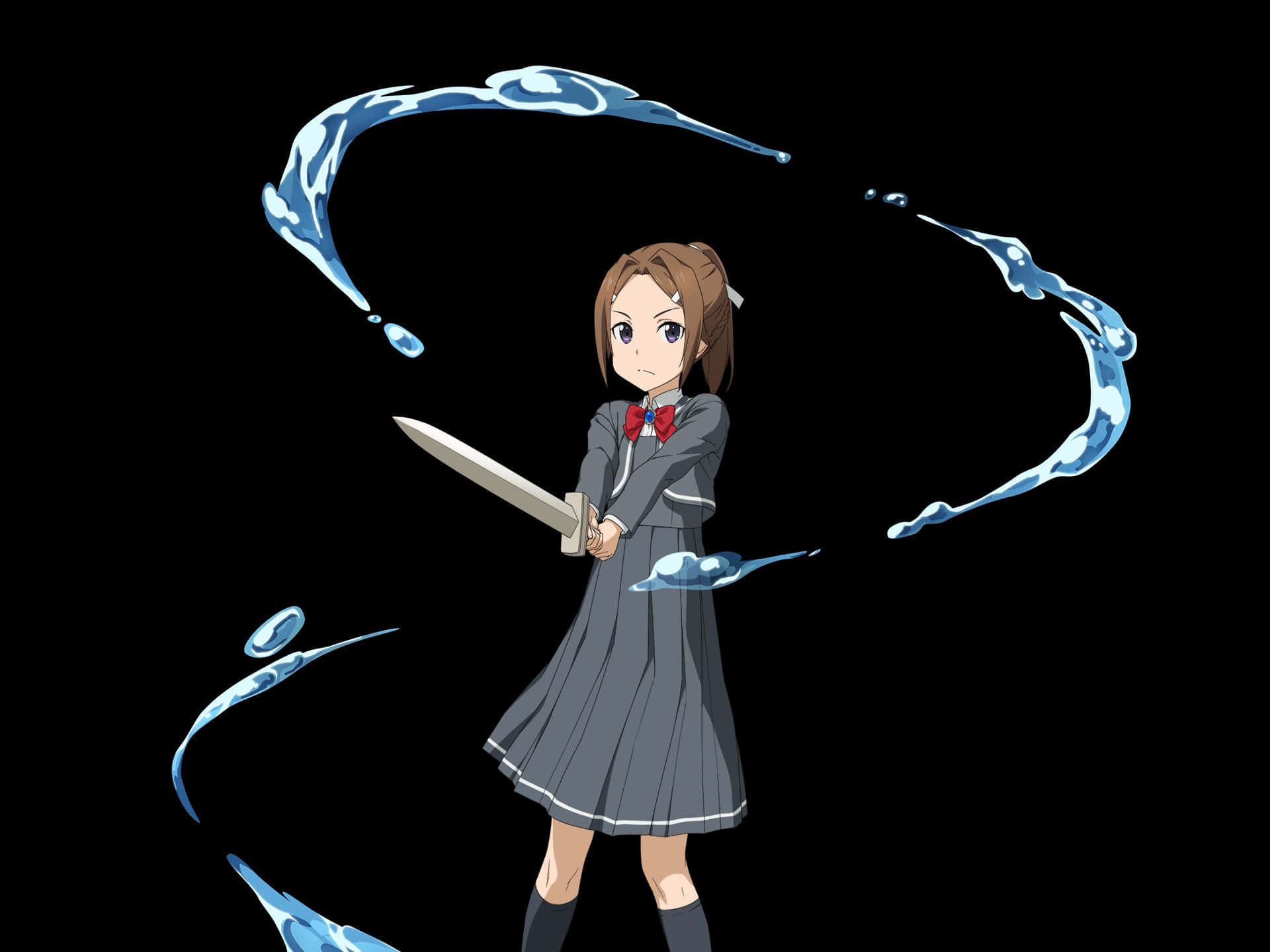 Sortiliena Serlut 桌布 壁紙 — 身穿校服的動漫女孩揮舞著劍，被旋轉的藍色水包圍，背景為黑色。