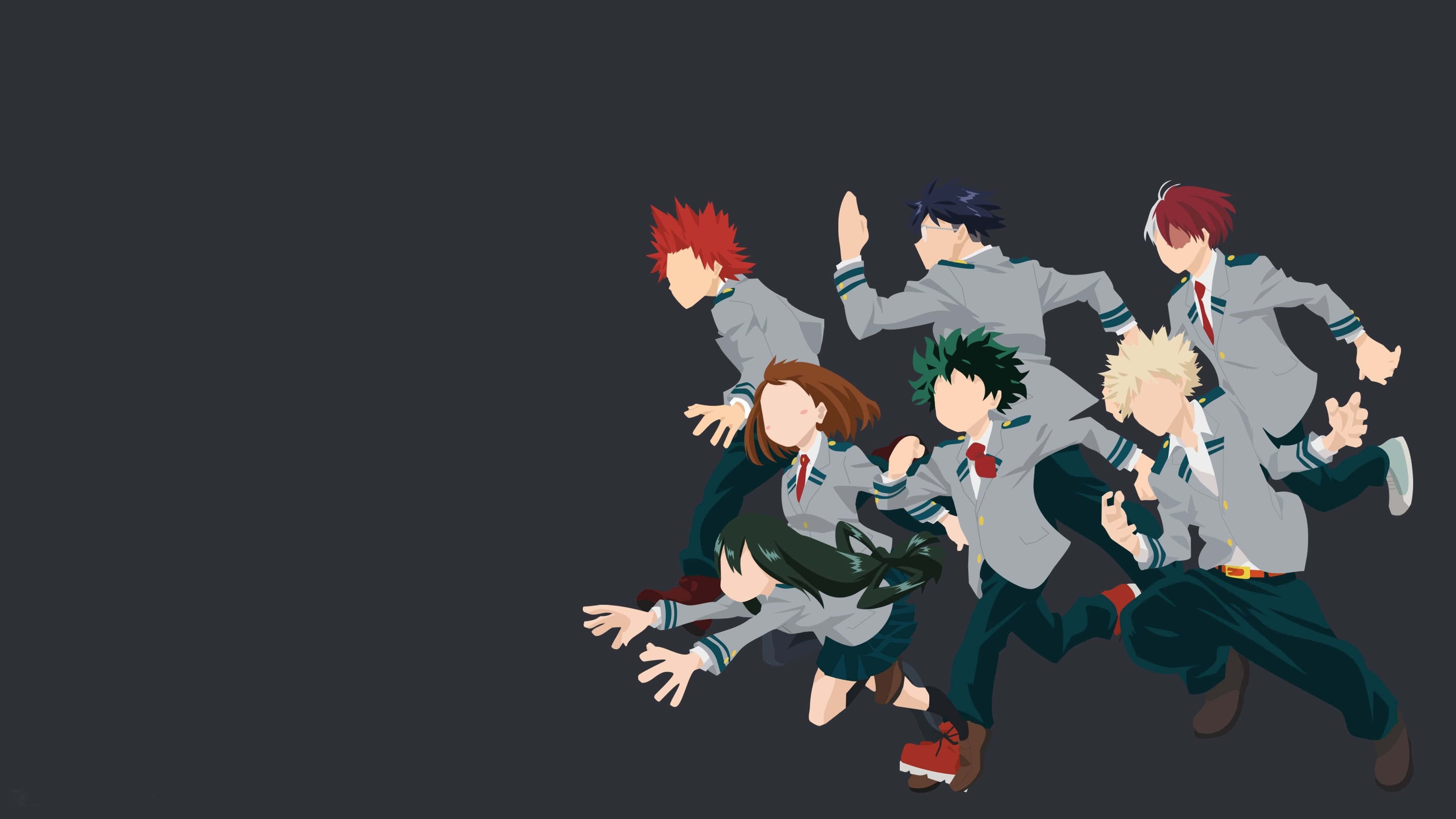 My Hero Academia iPad 桌布 壁紙 — 身穿校服的動漫角色在深灰色背景上充滿活力地奔跑，帶有動態模糊效果。