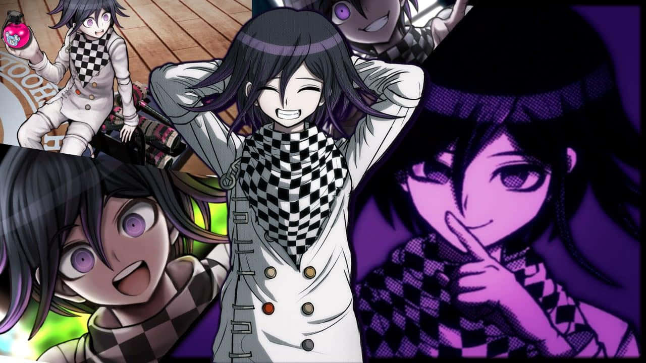 Kokichi Ouma 桌布 壁紙 — 身穿格紋服裝的動漫角色在充滿活力的紫色和綠色背景下充滿活力地擺姿勢。