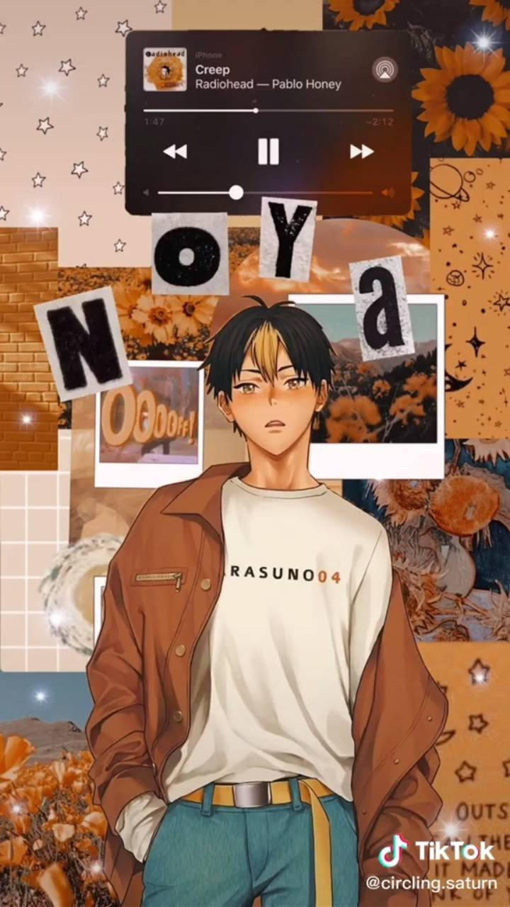 yu nishinoya 桌布 壁紙 — 身穿棕色外套的動漫男孩站在向日葵、星星和音樂播放器的拼貼畫前，播放著「Creep」。