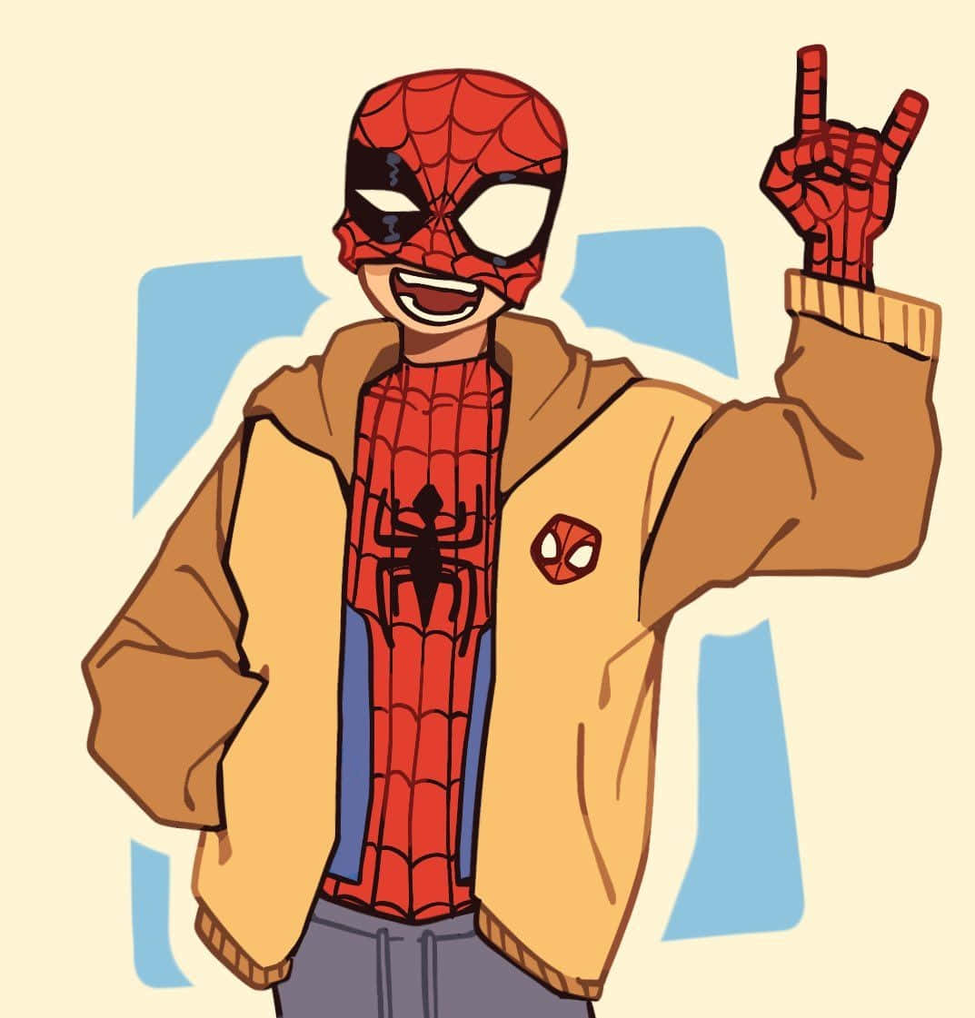 Deadpool Art 桌布 壁紙 — 身穿棕色外套的蜘蛛人微笑著，對著風格化的藍色背景做出搖滾手勢。