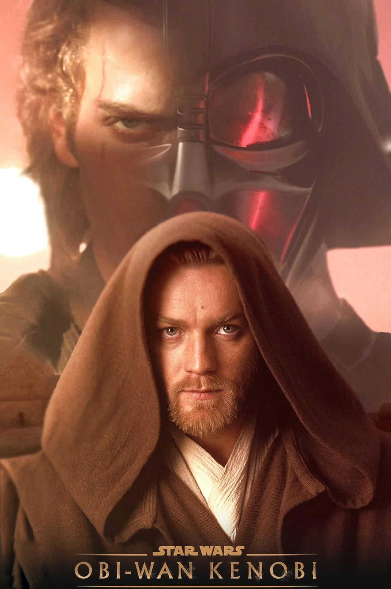 Kenobi 桌布 壁紙 — 身穿棕色長袍的歐比王·肯諾比直視前方，達斯·維德在他身後以紅色威脅的光芒籠罩。