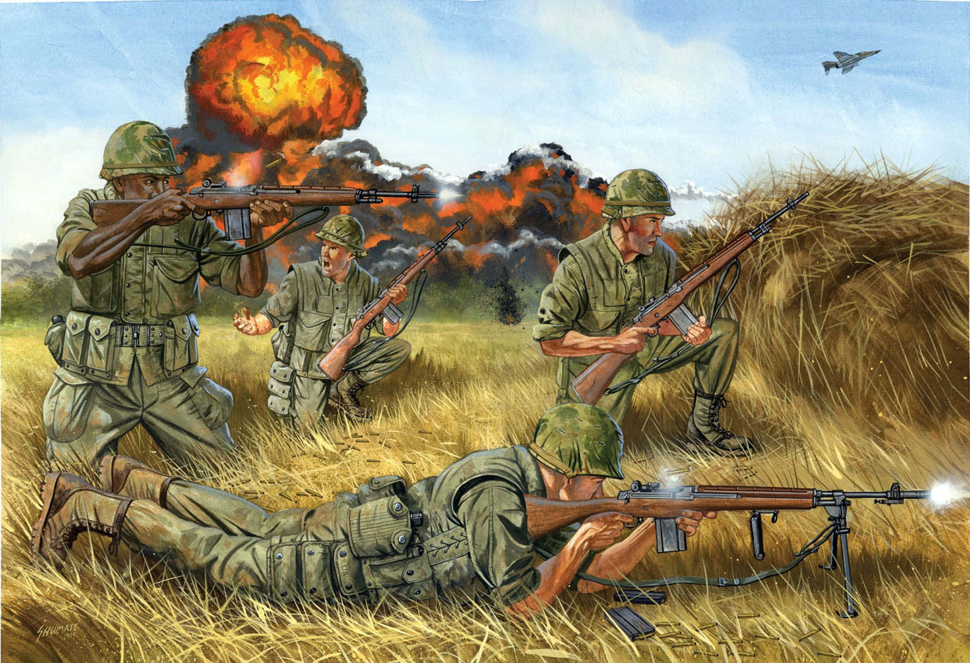 Vietnam War 桌布 壁紙 — 身穿橄欖綠制服的士兵在小麥田開步槍，身後在藍天下發生爆炸。