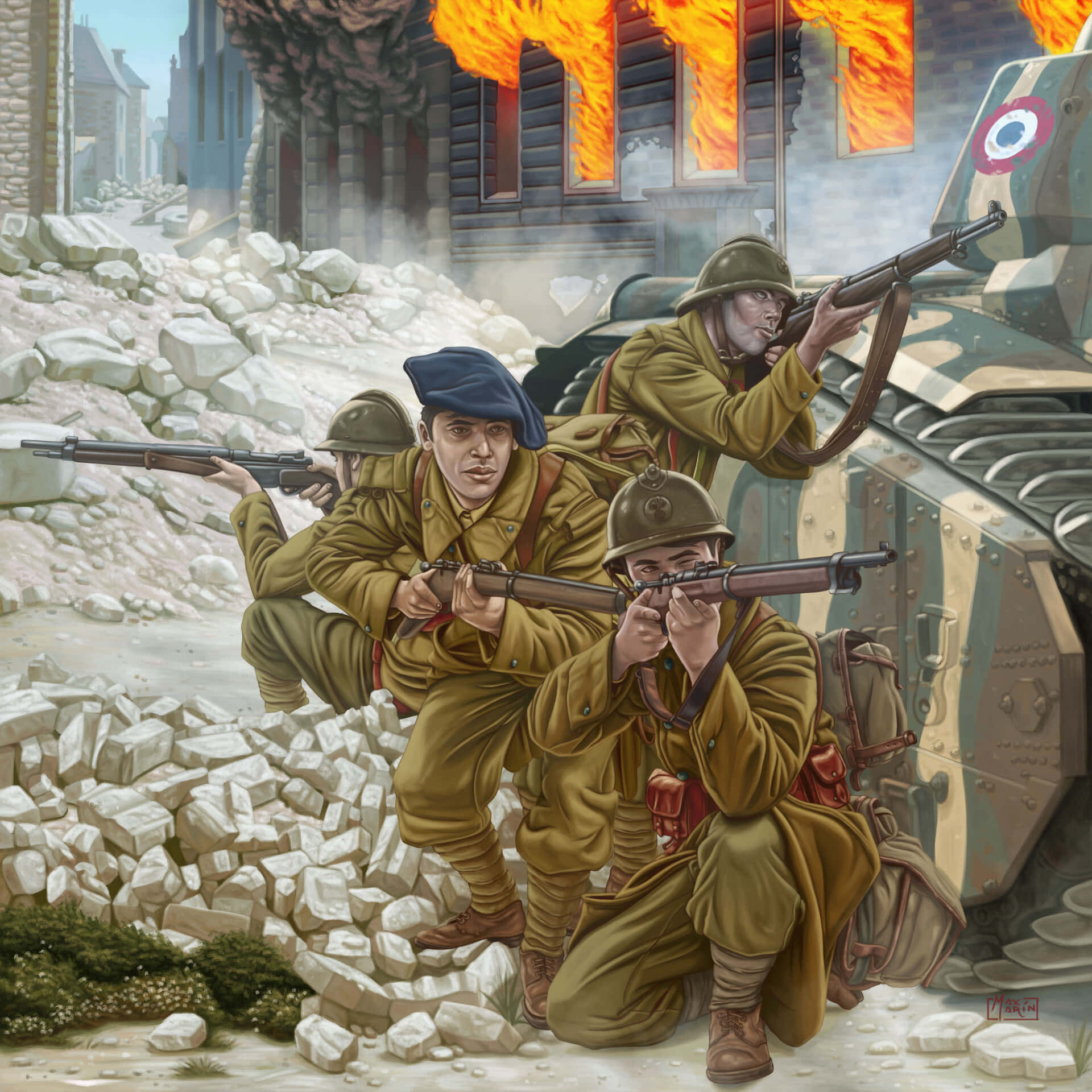 Ww2 桌布 壁紙 — 身穿橄欖綠軍裝的士兵在瓦礫中前進，一棟燃燒的建築物在坦克後面爆炸。