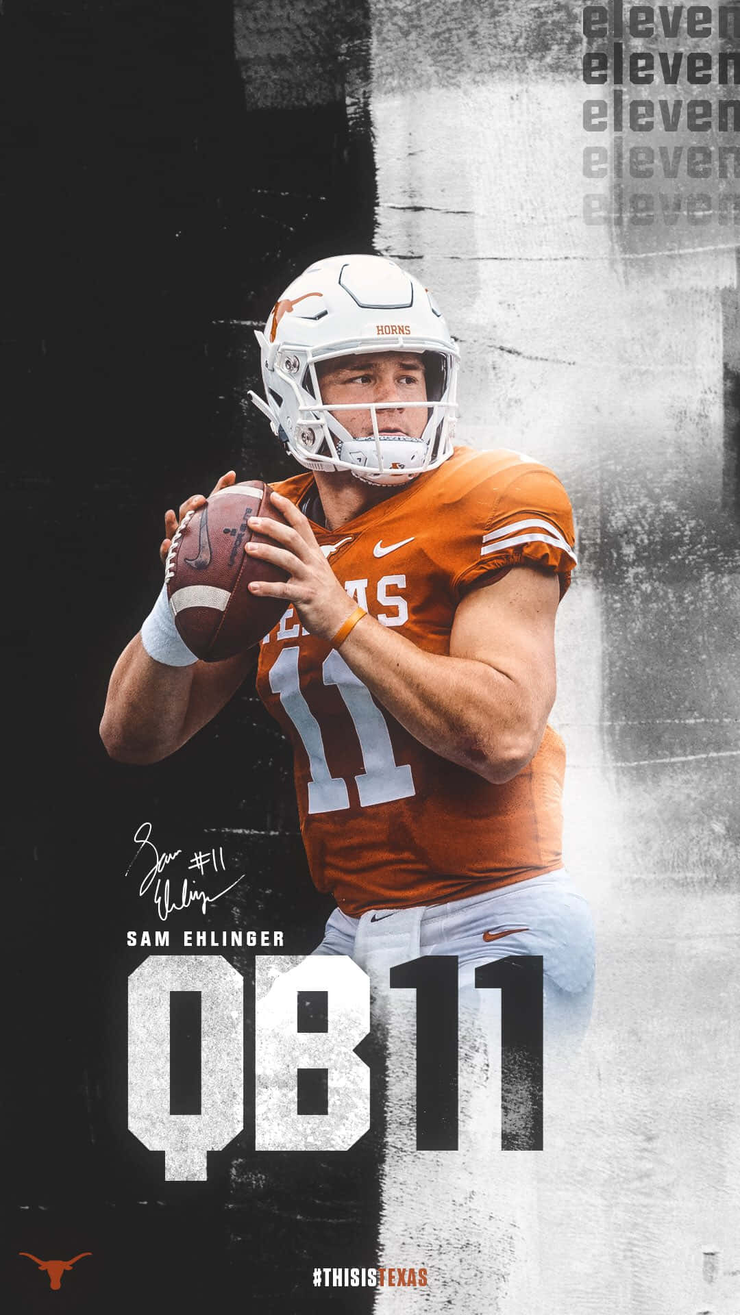 Texas Longhorns 桌布 壁紙 — 身穿橙色11號球衣的足球四分衛Sam Ehlinger準備在粗糙的黑白紋理背景前擲出足球。