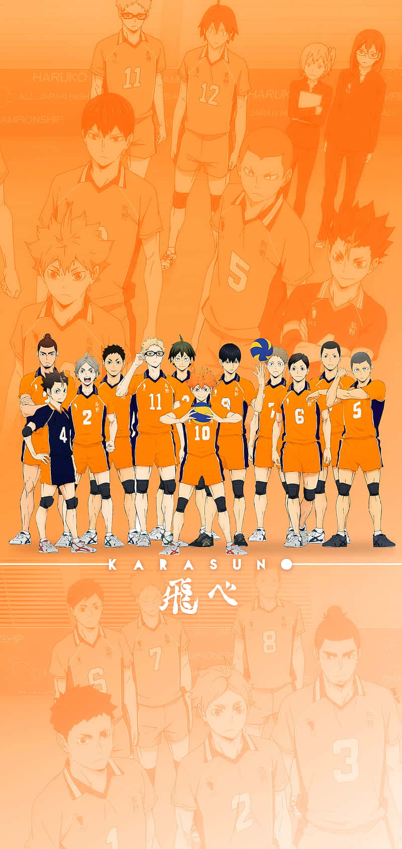 Karasuno 桌布 壁紙 — 身穿橙色制服的動漫排球隊烏野在溫暖漸變背景下一同與隊友擺姿勢。