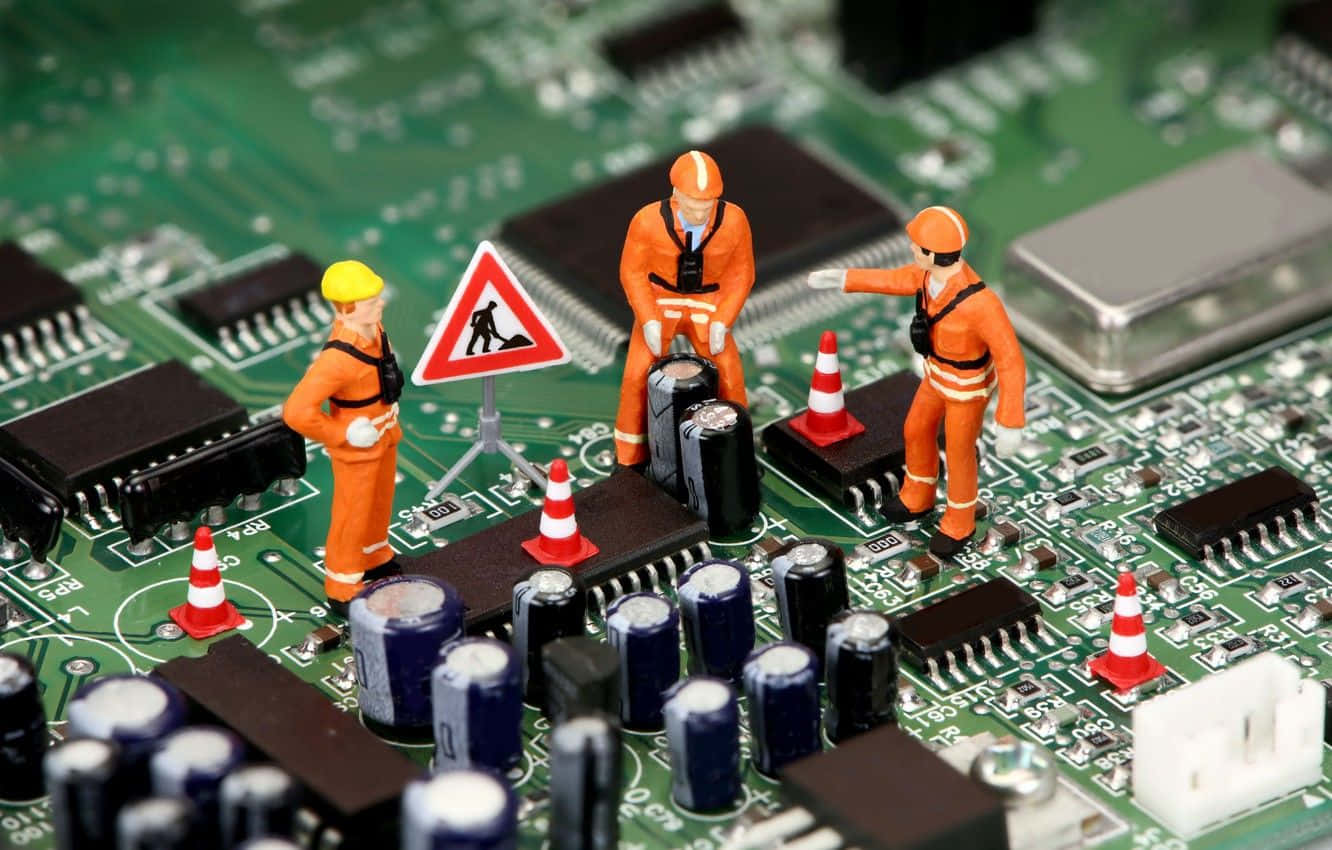 Electronic Components 桌布 壁紙 — 身穿橙色制服的小型建築工人在綠色電路板上管理交通，配有紅色和白色的錐形筒及警告標誌。