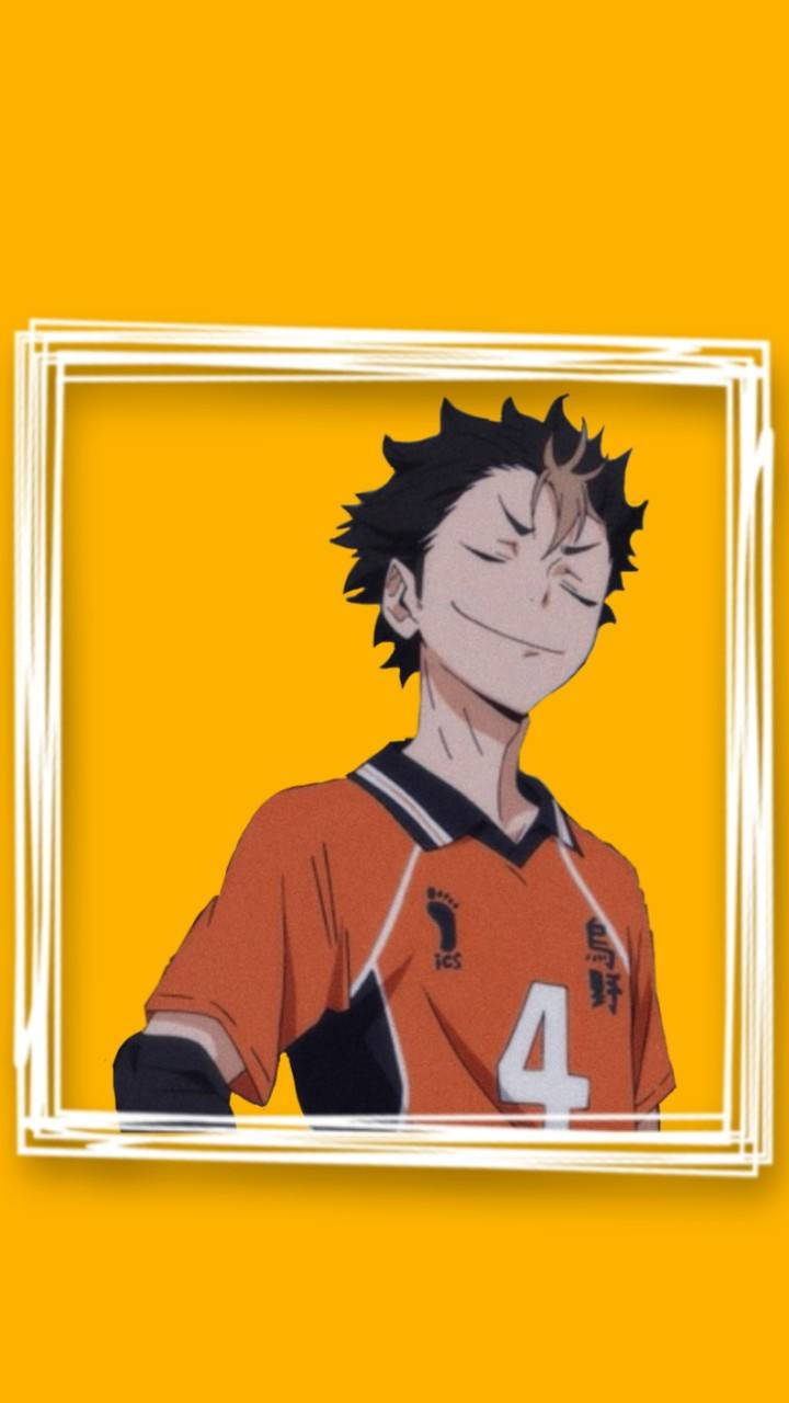 yu nishinoya 桌布 壁紙 — 身穿橙色排球球衣的動漫角色在白色線條框住的純黃色背景上自信地微笑。