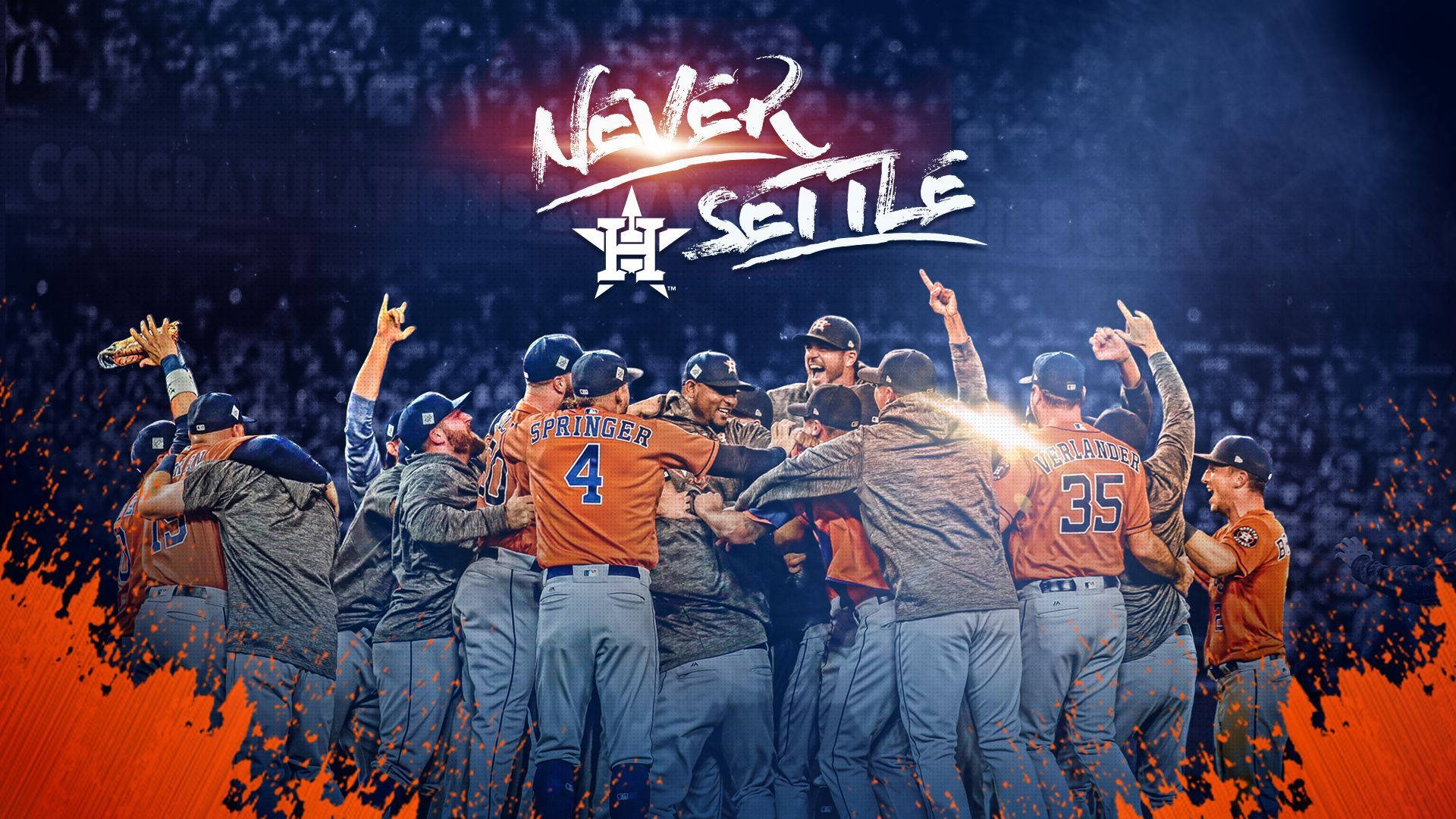 Astros 桌布 壁紙 — 身穿橙色球衣的棒球運動員在戲劇性燈光下的球場中勝利慶祝，上方有「Never Settle」字樣。